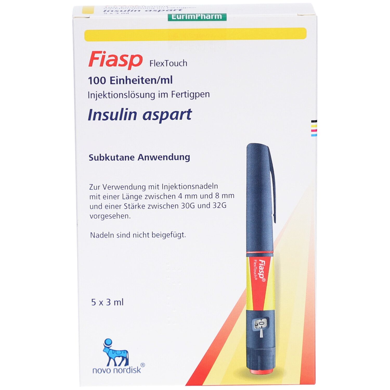 Fiasp FlexTouch-Verpackung. Enthält 5 Fertigpens. Blaue und rote Fertigpen-Abbildung. Text: Insulin aspart, 100 Einheiten/ml.
