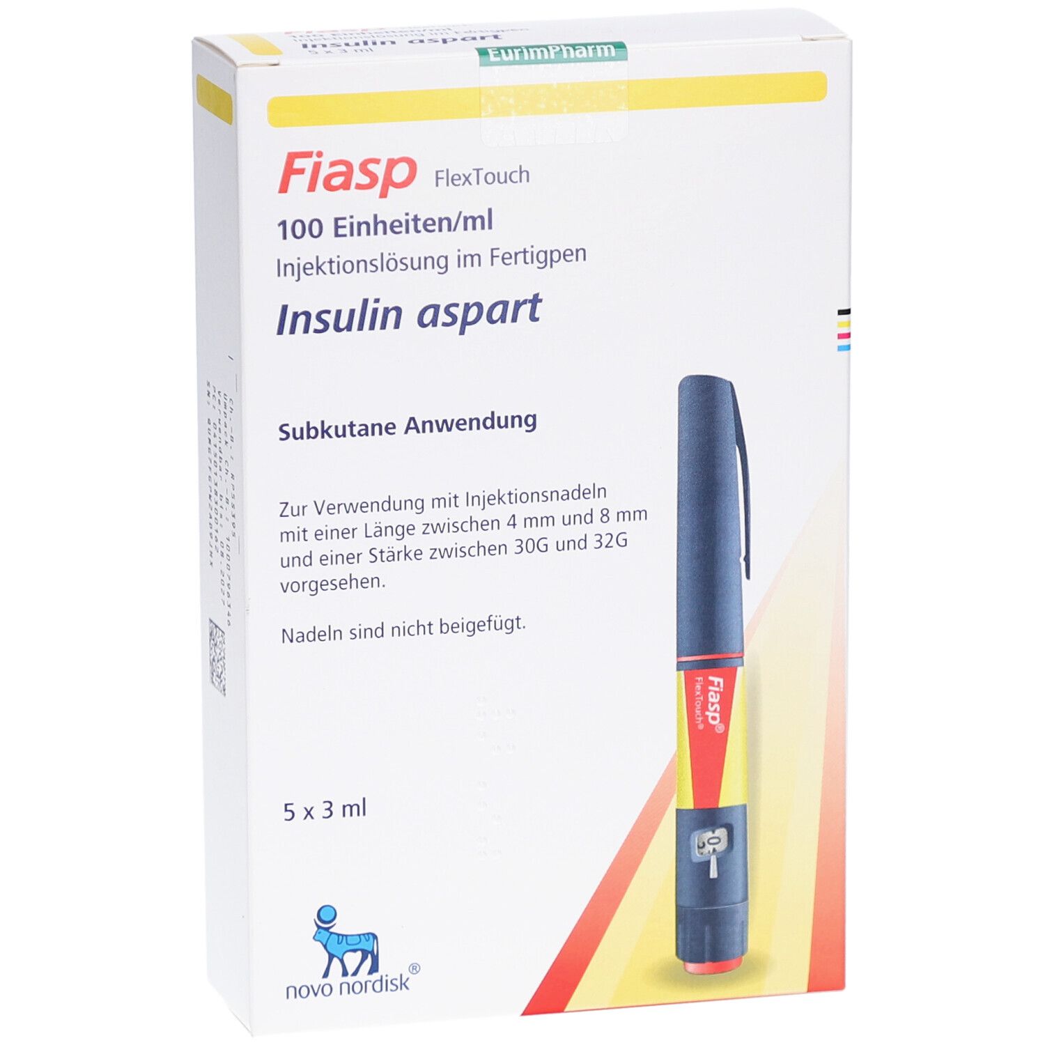 Fiasp FlexTouch-Verpackung. Enthält 5 Fertigpens. Blaue und rote Fertigpen-Abbildung. Text: Insulin aspart, 100 Einheiten/ml.