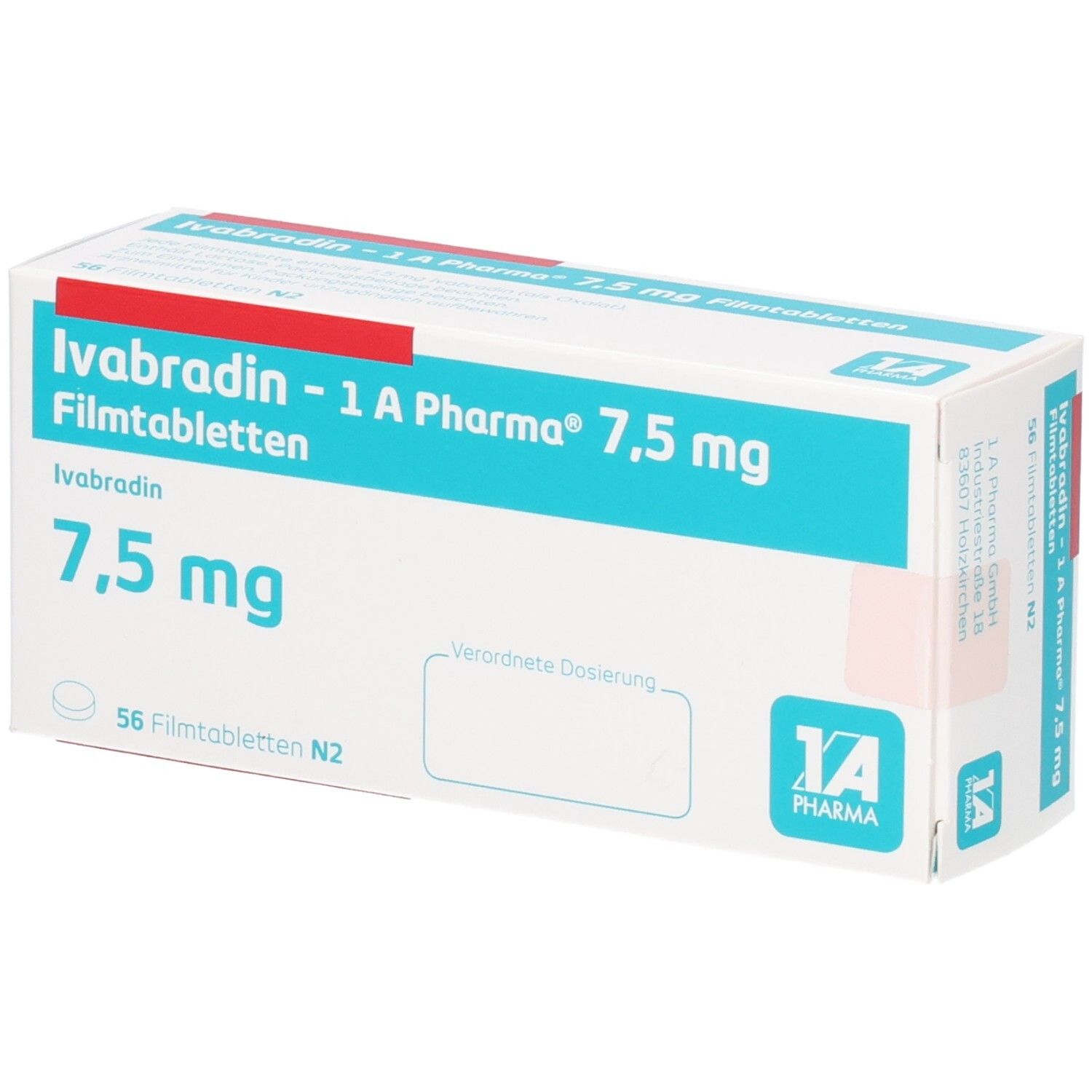 Packung Ivabradin - 1 A Pharma 7,5 mg Filmtabletten. Aufschrift: 7,5 mg, 56 Filmtabletten N2. Türkis-weiße Verpackung.