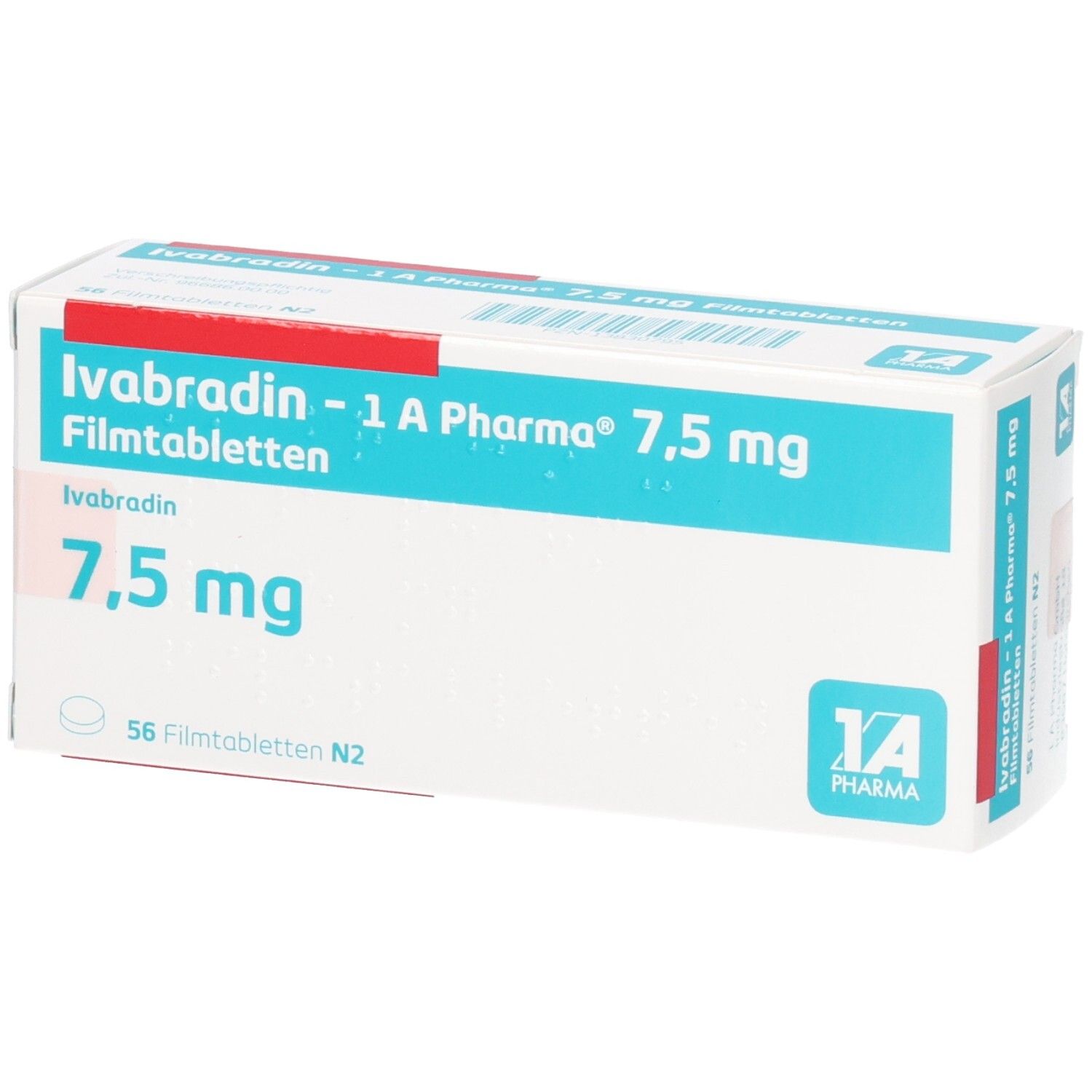 Packung Ivabradin - 1 A Pharma 7,5 mg Filmtabletten. Aufschrift: 7,5 mg, 56 Filmtabletten N2. Türkis-weiße Verpackung, Vorderansicht.