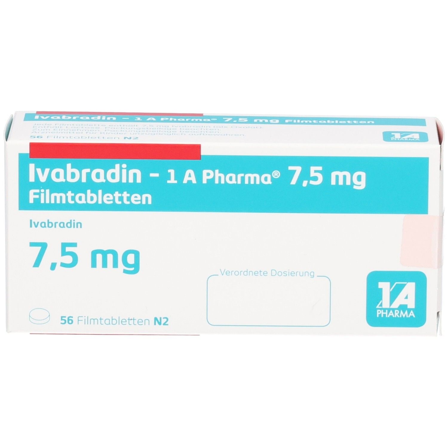 Packung Ivabradin - 1 A Pharma 7,5 mg Filmtabletten. Aufschrift: 7,5 mg, 56 Filmtabletten N2. Türkis-weiße Verpackung, Vorderansicht.