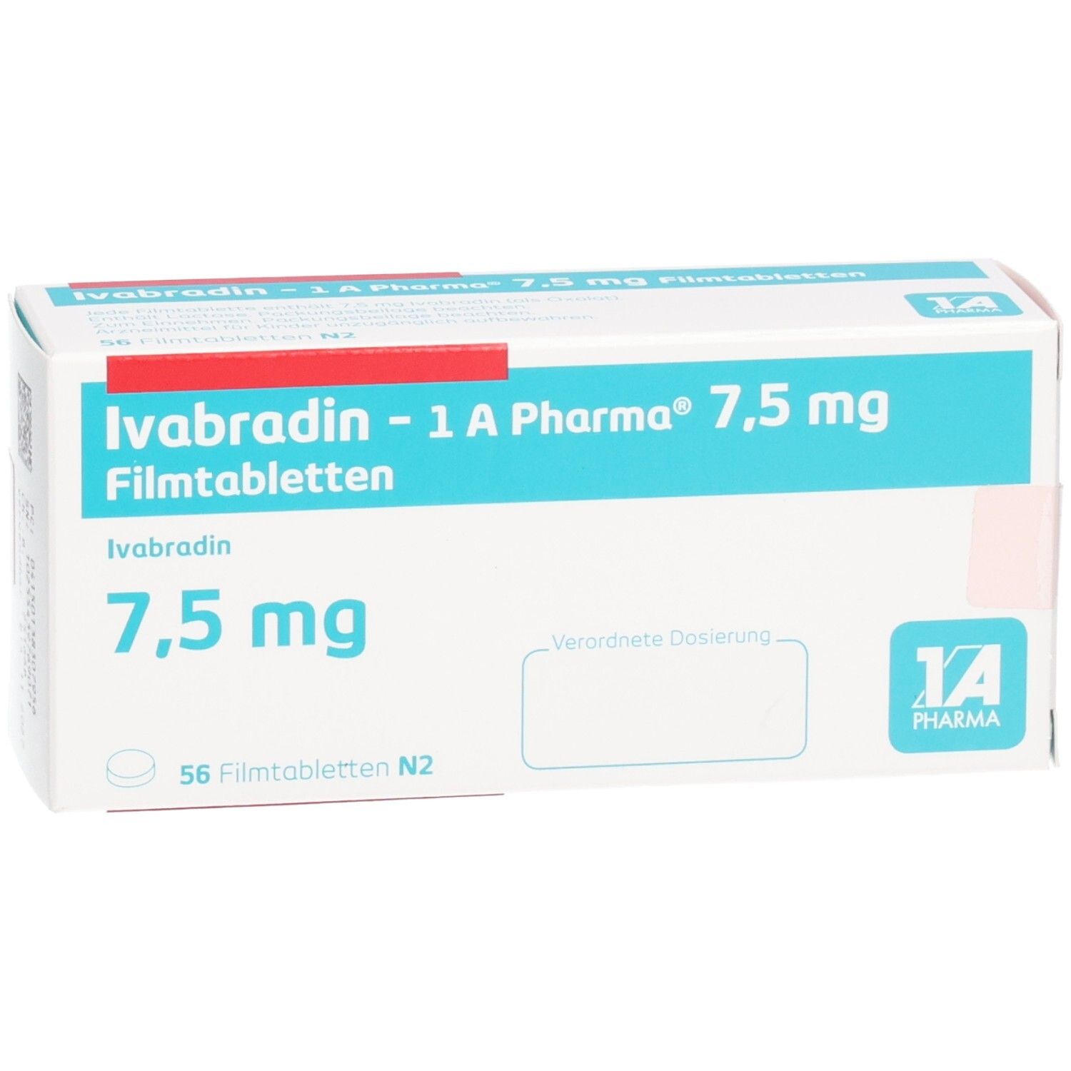 Packung Ivabradin - 1 A Pharma 7,5 mg Filmtabletten. Aufschrift: 7,5 mg, 56 Filmtabletten N2. Türkis-weiße Verpackung, Vorderansicht.