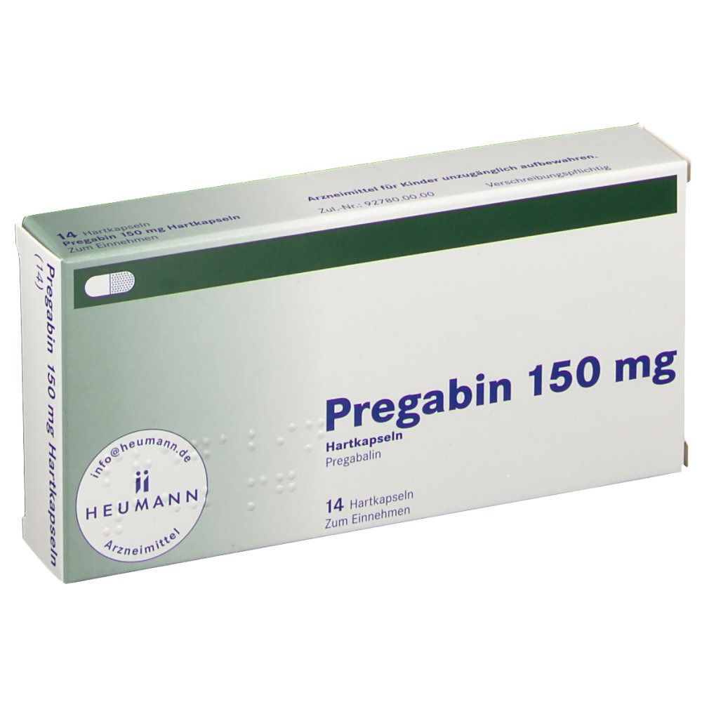 Weiße Faltschachtel mit grünen Akzenten. Aufschrift: Pregabin 150 mg Hartkapseln. Logo Heumann Arzneimittel.