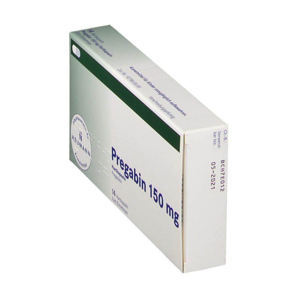 Schräg gestellte weiße Faltschachtel mit grünen Akzenten. Aufschrift: Pregabin 150 mg. Logo Heumann Arzneimittel.