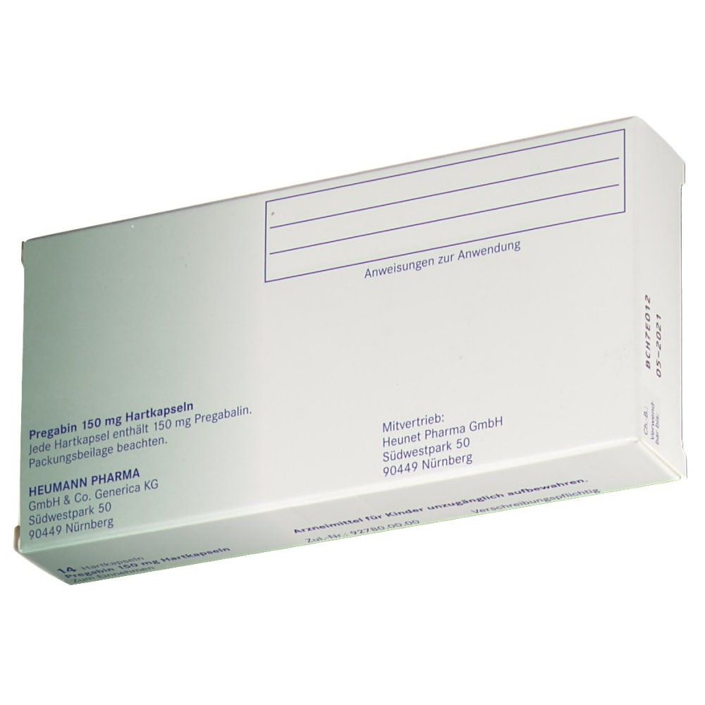 Rückseite einer weißen Faltschachtel. Aufschrift: Pregabin 150 mg Hartkapseln. Herstellerinformationen und leeres Feld.
