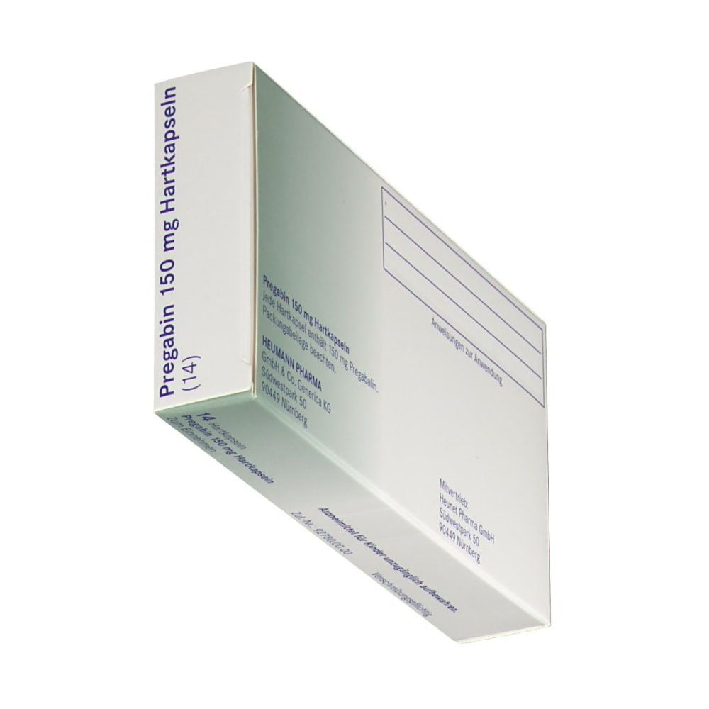 Schräg gestellte weiße Faltschachtel. Aufschrift: Pregabin 150 mg Hartkapseln. Herstellerinformationen und leeres Feld.