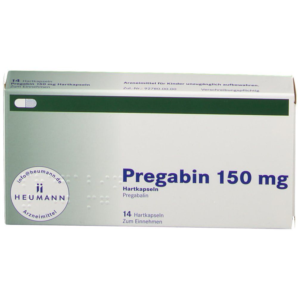 Weiße Faltschachtel mit grünen Akzenten. Aufschrift: Pregabin 150 mg Hartkapseln. Logo Heumann Arzneimittel.