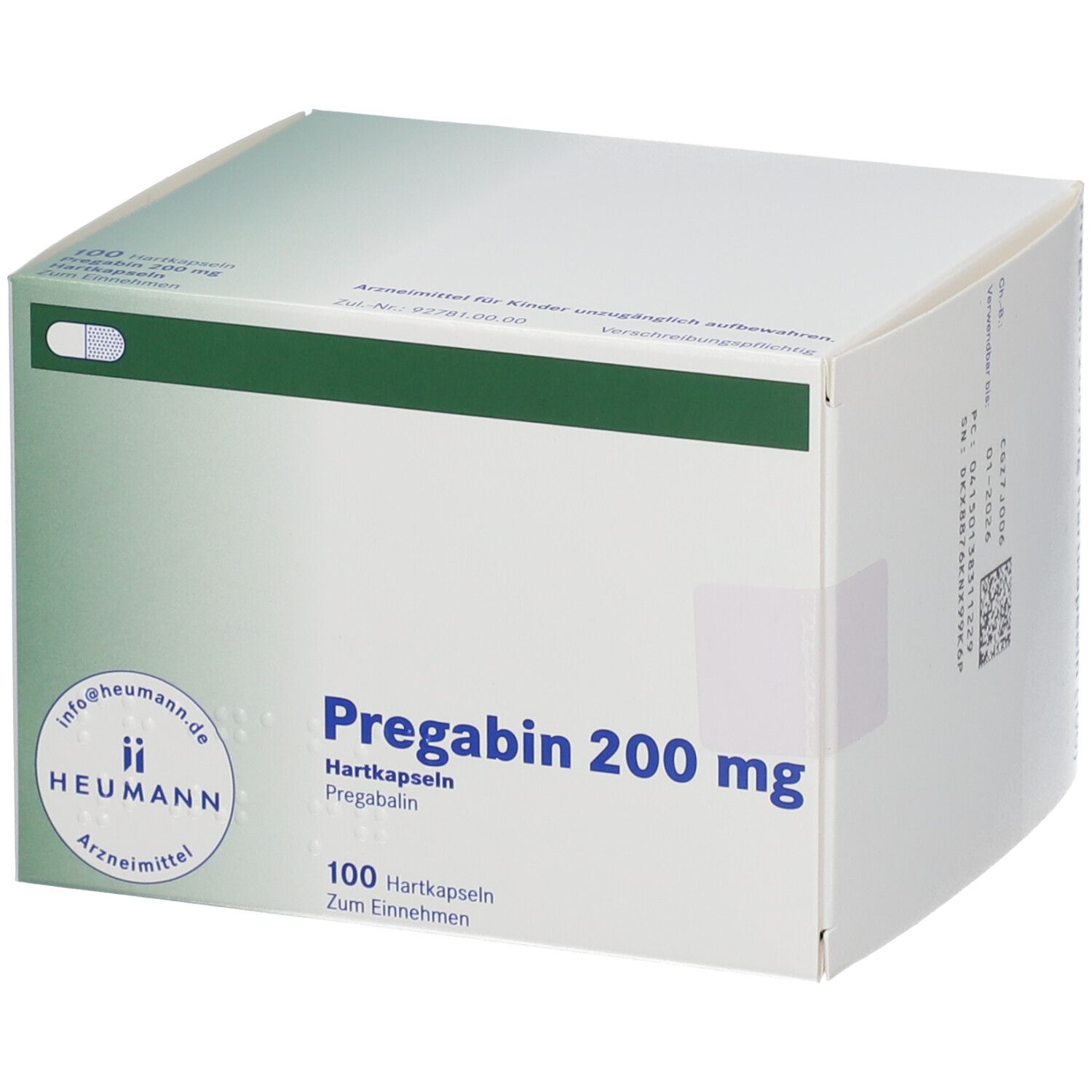 Weiße Faltschachtel mit Pregabin 200 mg. Aufschrift: 100 Hartkapseln. Heumann Logo.
