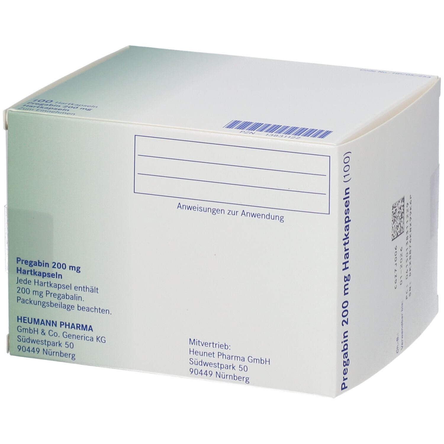 Weiße Faltschachtel mit Pregabin 200 mg. Aufschrift: 100 Hartkapseln. Heumann Pharma.