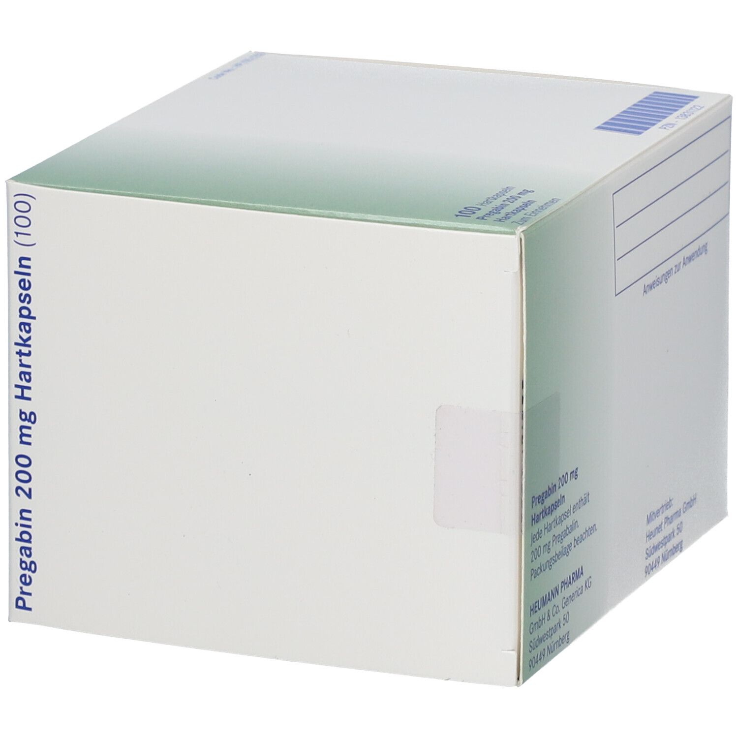 Weiße Faltschachtel mit Pregabin 200 mg. Aufschrift: 100 Hartkapseln. Heumann Pharma.