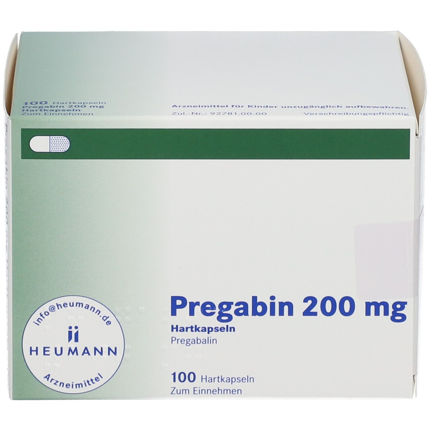 Weiße Faltschachtel mit Pregabin 200 mg. Aufschrift: 100 Hartkapseln. Heumann Logo.