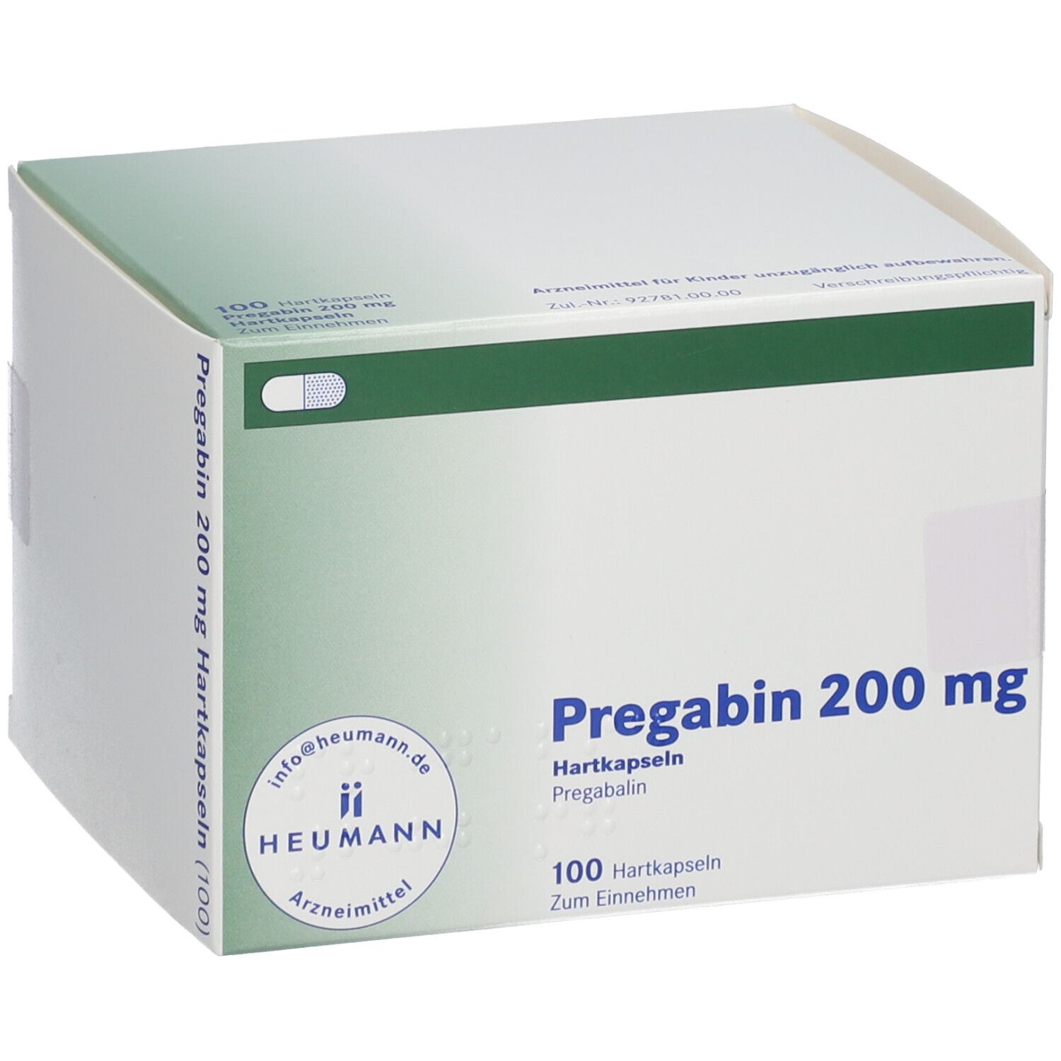 Weiße Faltschachtel mit Pregabin 200 mg. Aufschrift: 100 Hartkapseln. Heumann Logo.