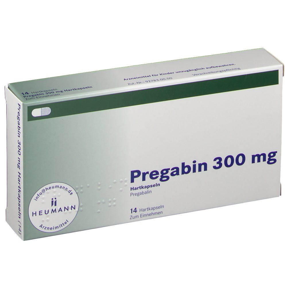 Weiße Faltschachtel mit blauer Schrift: Pregabin 300 mg. 14 Hartkapseln. Logo Heumann Arzneimittel. Grün-weiße Farbgebung.