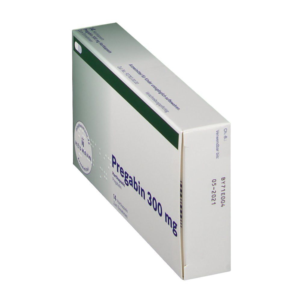 Schräg stehende weiße Faltschachtel. Aufdruck Pregabin 300 mg. 14 Hartkapseln. Logo Heumann. Haltbarkeitsdatum 05-2021.