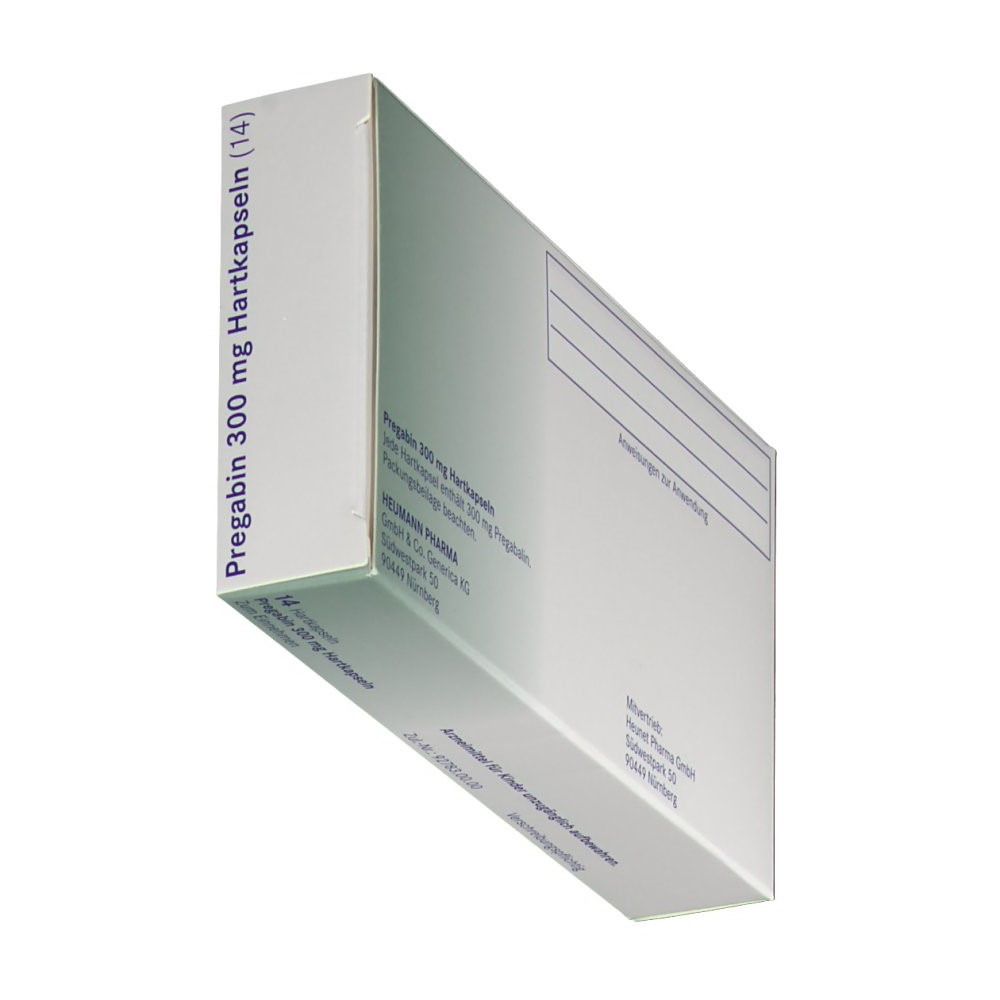 Schräg stehende weiße Faltschachtel. Aufdruck Pregabin 300 mg Hartkapseln. Herstellerinformationen. Adressangaben.