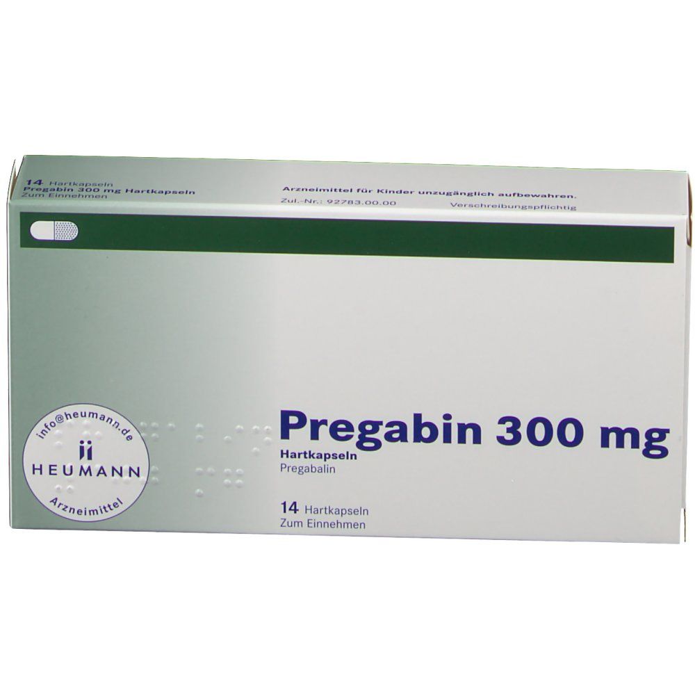 Weiße Faltschachtel mit blauer Schrift: Pregabin 300 mg. 14 Hartkapseln. Logo Heumann Arzneimittel. Grün-weiße Farbgebung.