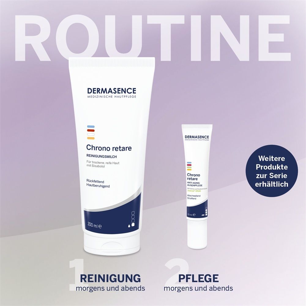 DERMASENCE Chrono retare Reinigungsmilch (200ml) und Pflege (15ml).