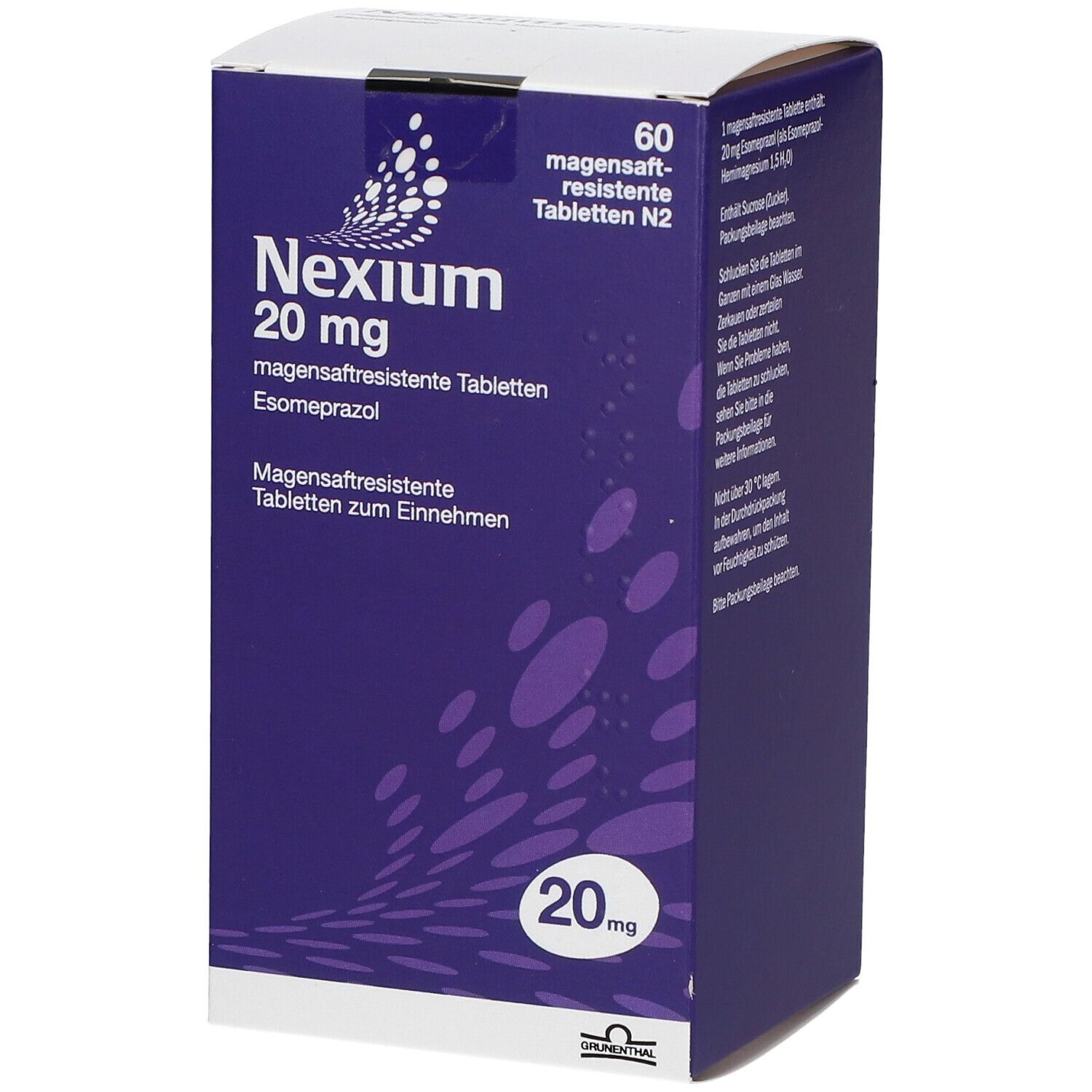 Schachtel mit Nexium 20 mg Tabletten. Lila und weiß, mit Produktnamen und Dosierung. Enthält 60 magensaftresistente Tabletten.