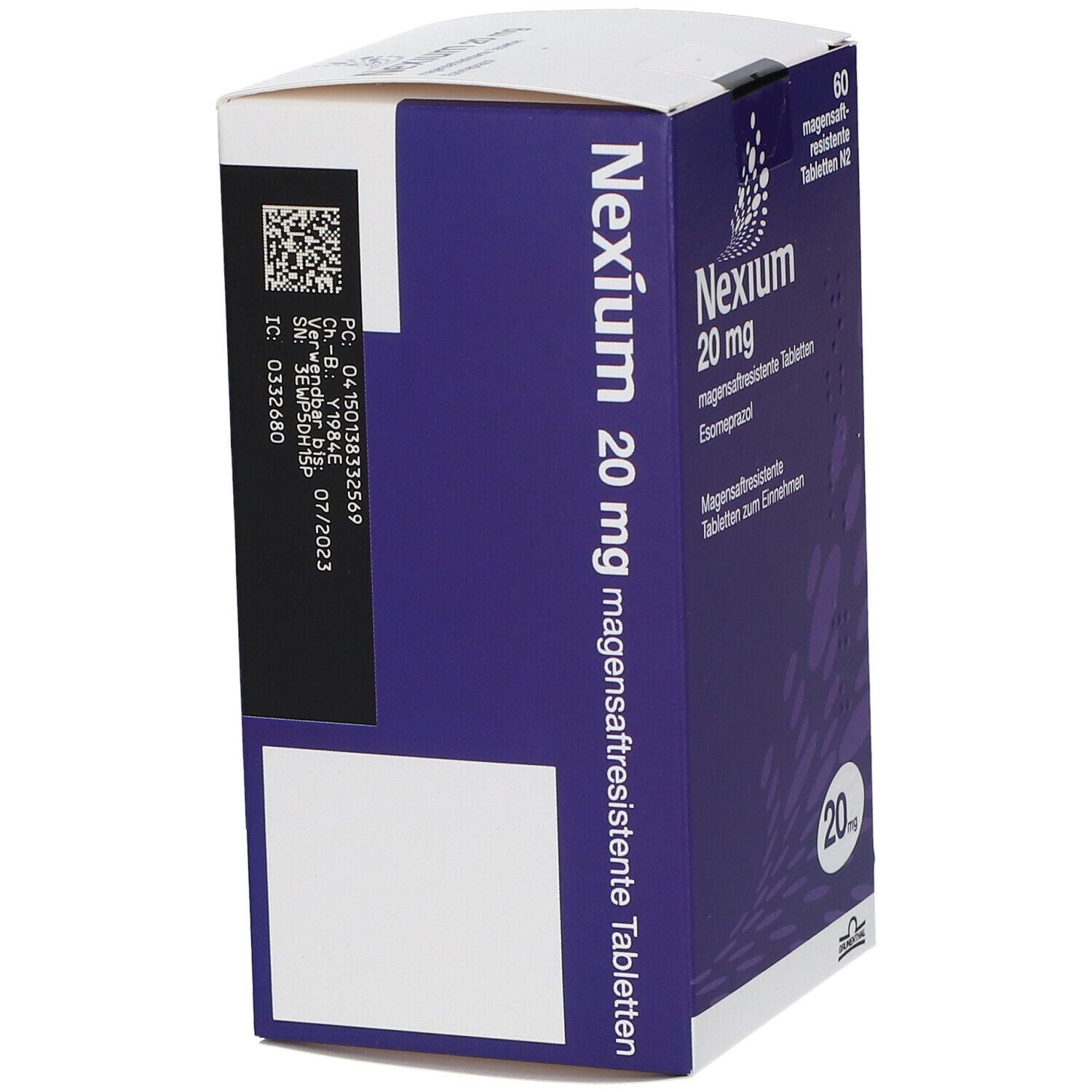 Seitenansicht der Nexium 20 mg Tablettenverpackung. Lila und weiß, mit Barcode und Produktinformationen. Enthält 60 Tabletten.