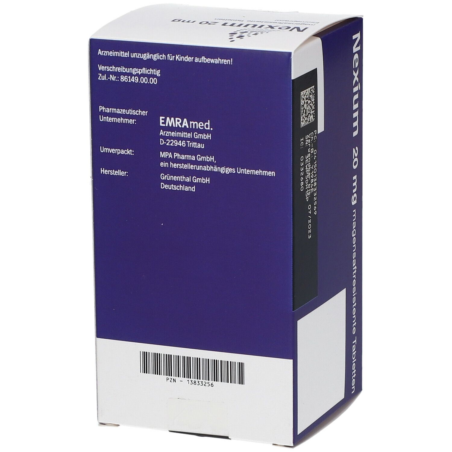 Rückseite der Nexium 20 mg Tablettenverpackung. Lila und weiß, mit Produktinformationen und Herstellerangaben. Enthält 60 Tabletten.