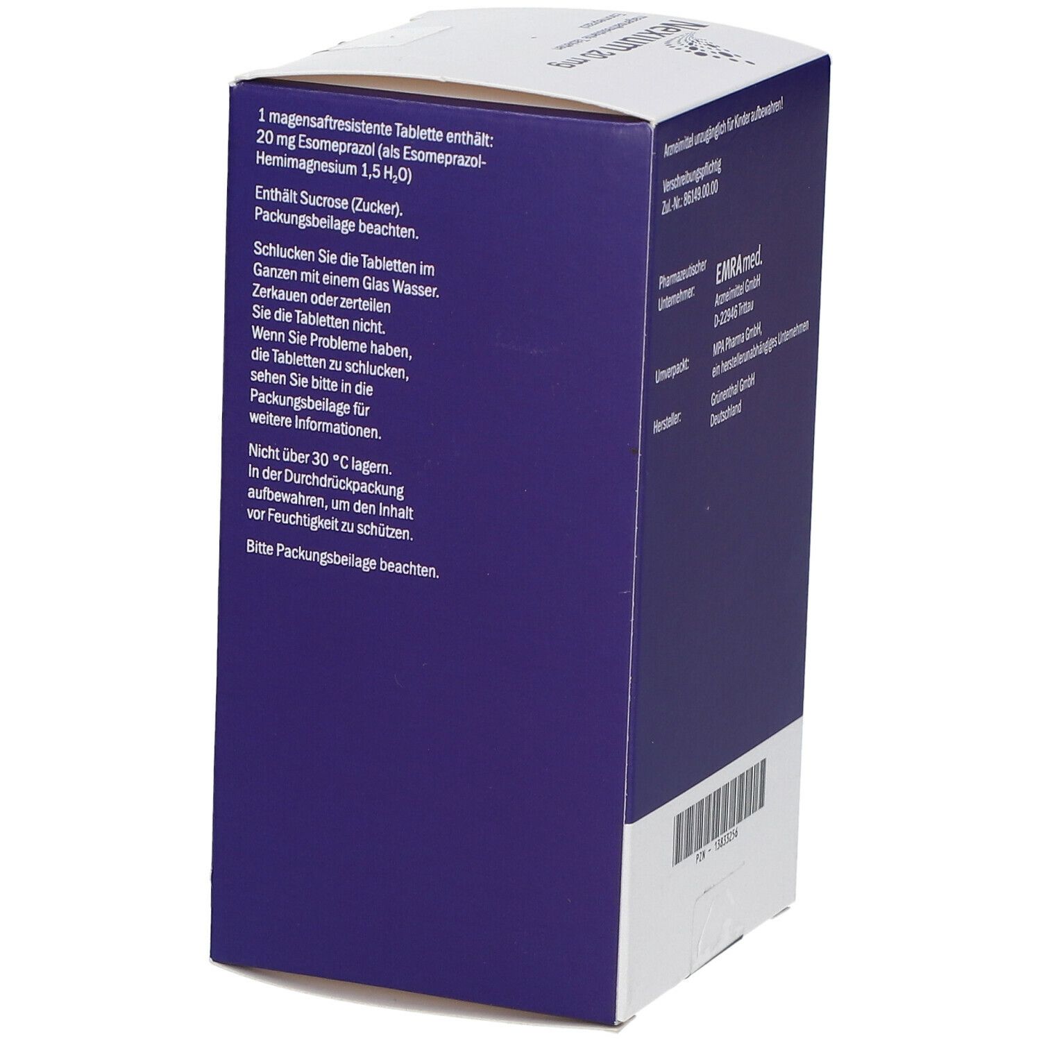 Nahaufnahme der Nexium 20 mg Tablettenverpackung. Lila und weiß, mit Produktinformationen und Gebrauchsanweisung. Enthält 60 Tabletten.