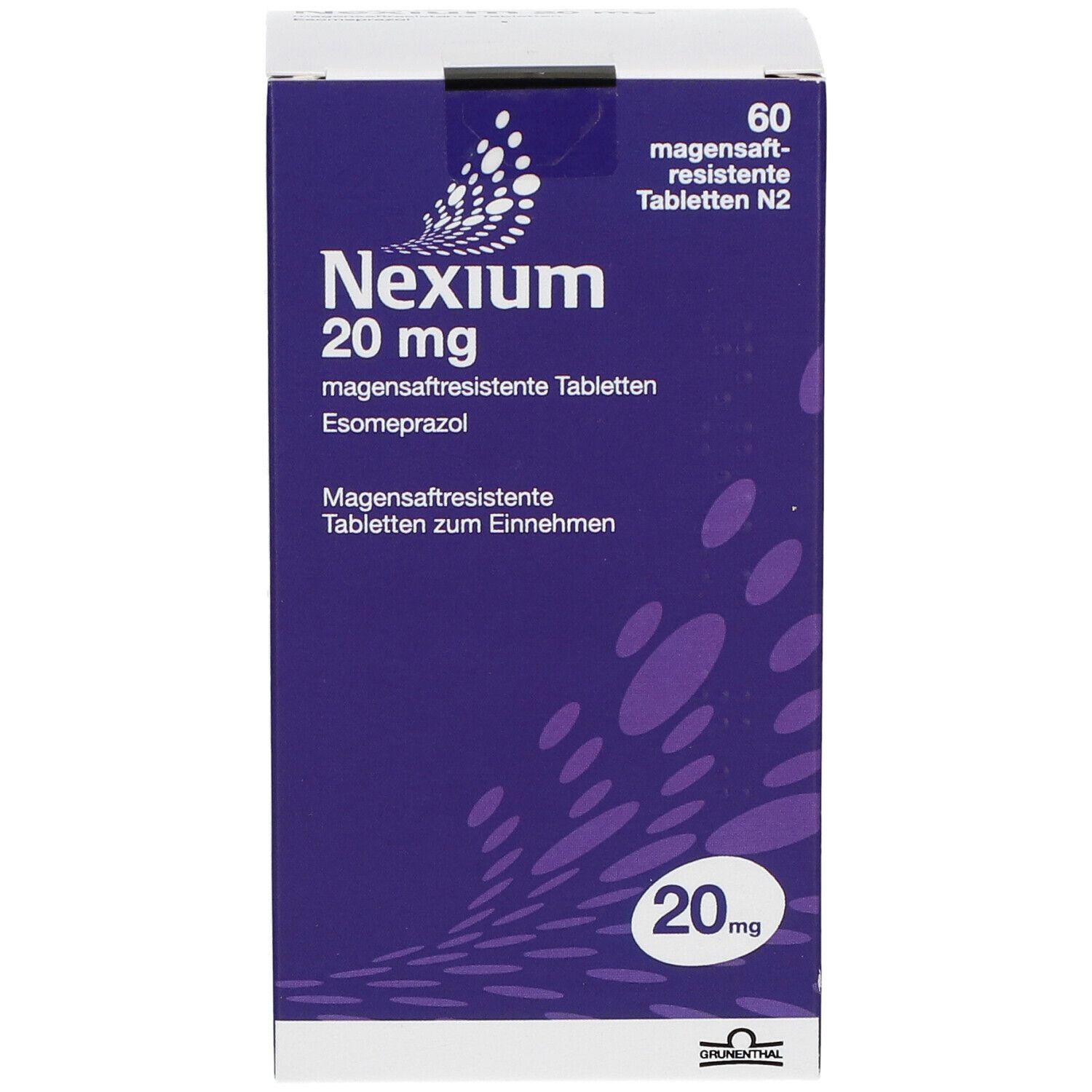 Schachtel mit Nexium 20 mg Tabletten. Lila und weiß, mit Produktnamen und Dosierung. Enthält 60 magensaftresistente Tabletten.