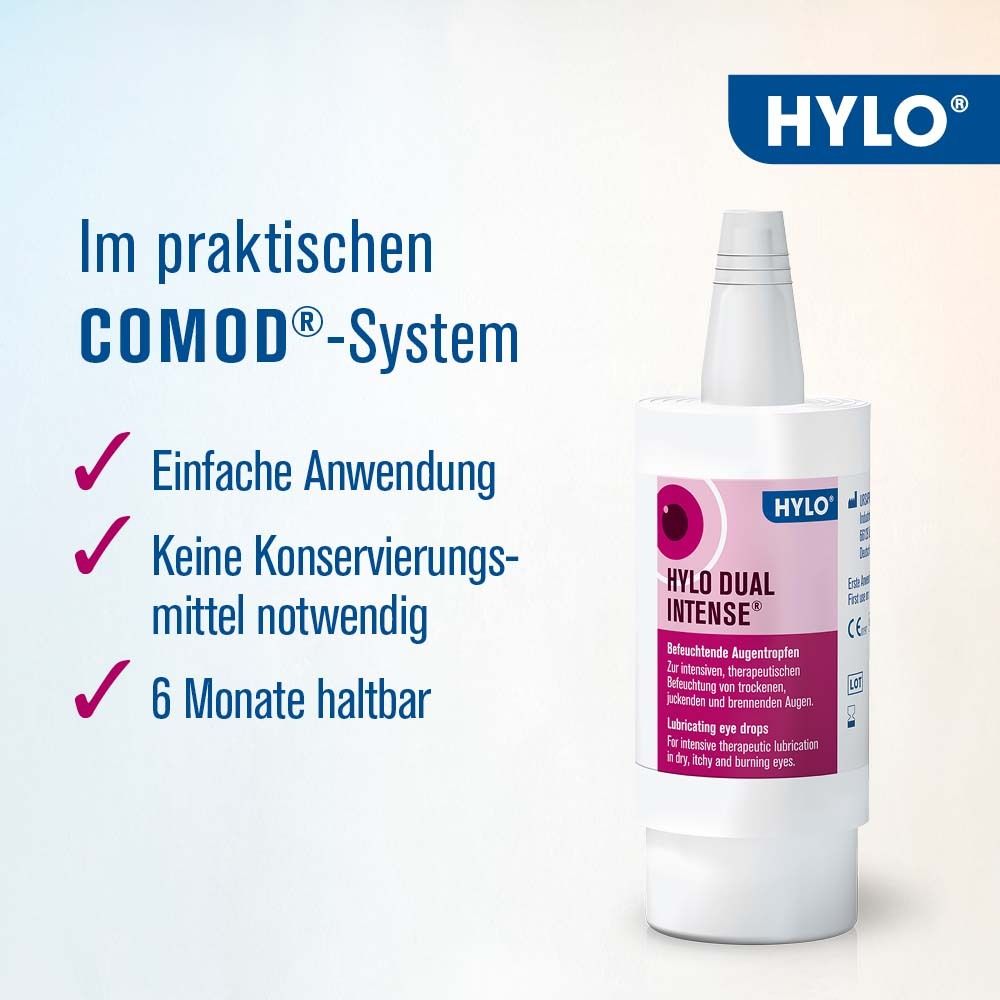 Flasche HYLO DUAL INTENSE® mit Text. COMOD®-System. Einfache Anwendung, ohne Konservierungsmittel, 6 Monate haltbar.