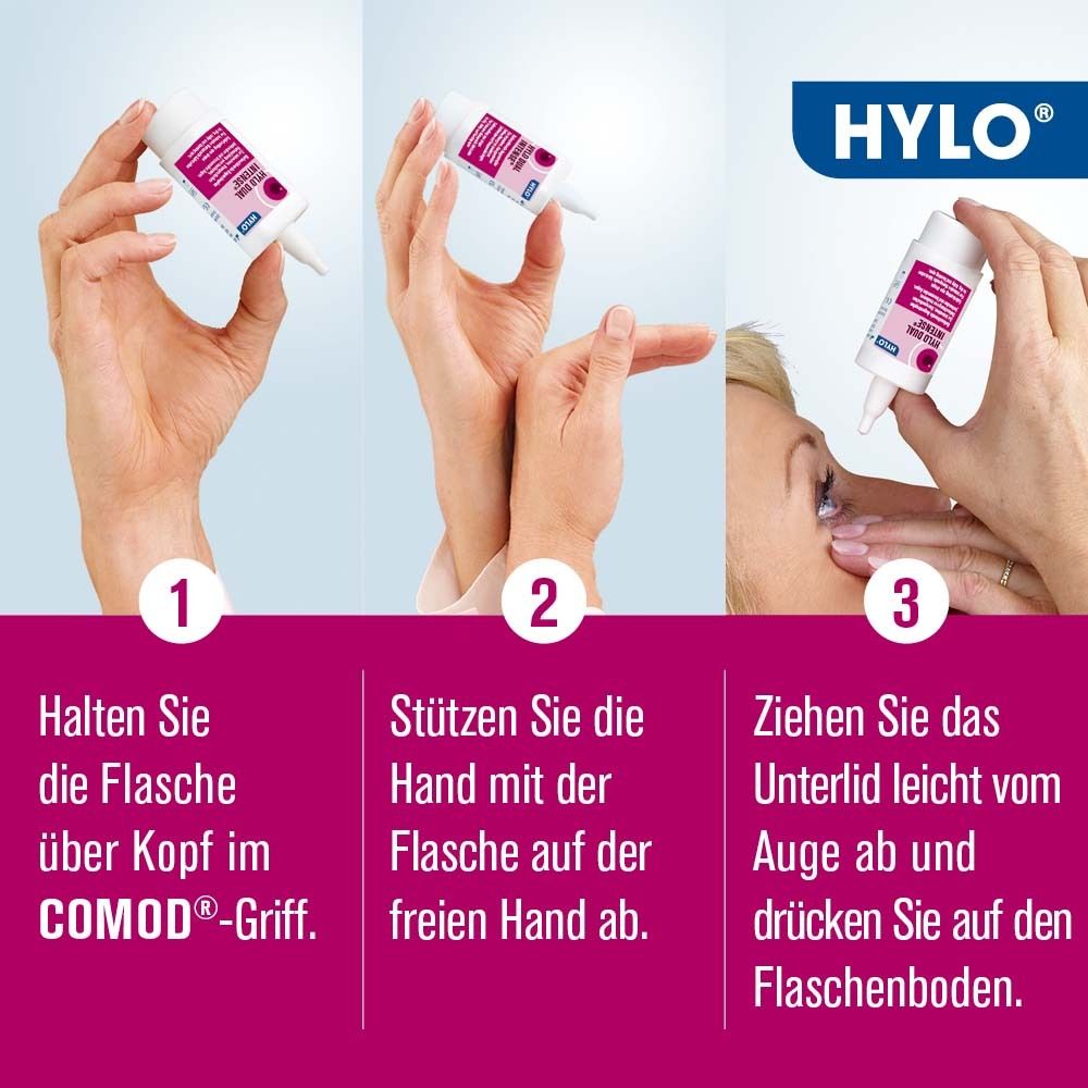 Anwendungsschritte für HYLO DUAL INTENSE®. 3 Bilder zeigen die Anwendung: Flasche halten, Hand abstützen, Lid ziehen.