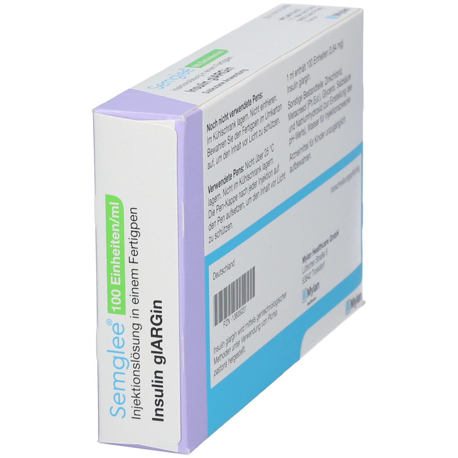 Schrägansicht der Semglee-Verpackung. Aufschrift: Semglee 100 Einheiten/ml, Insulin glARGIN, Injektionslösung in einem Fertigpen. Mylan Logo.