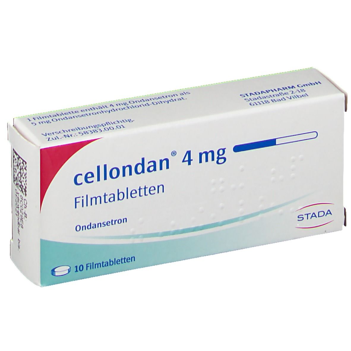 Schachtel mit cellondan® 4 mg Filmtabletten. Aufschrift: 10 Filmtabletten. STADA-Logo.