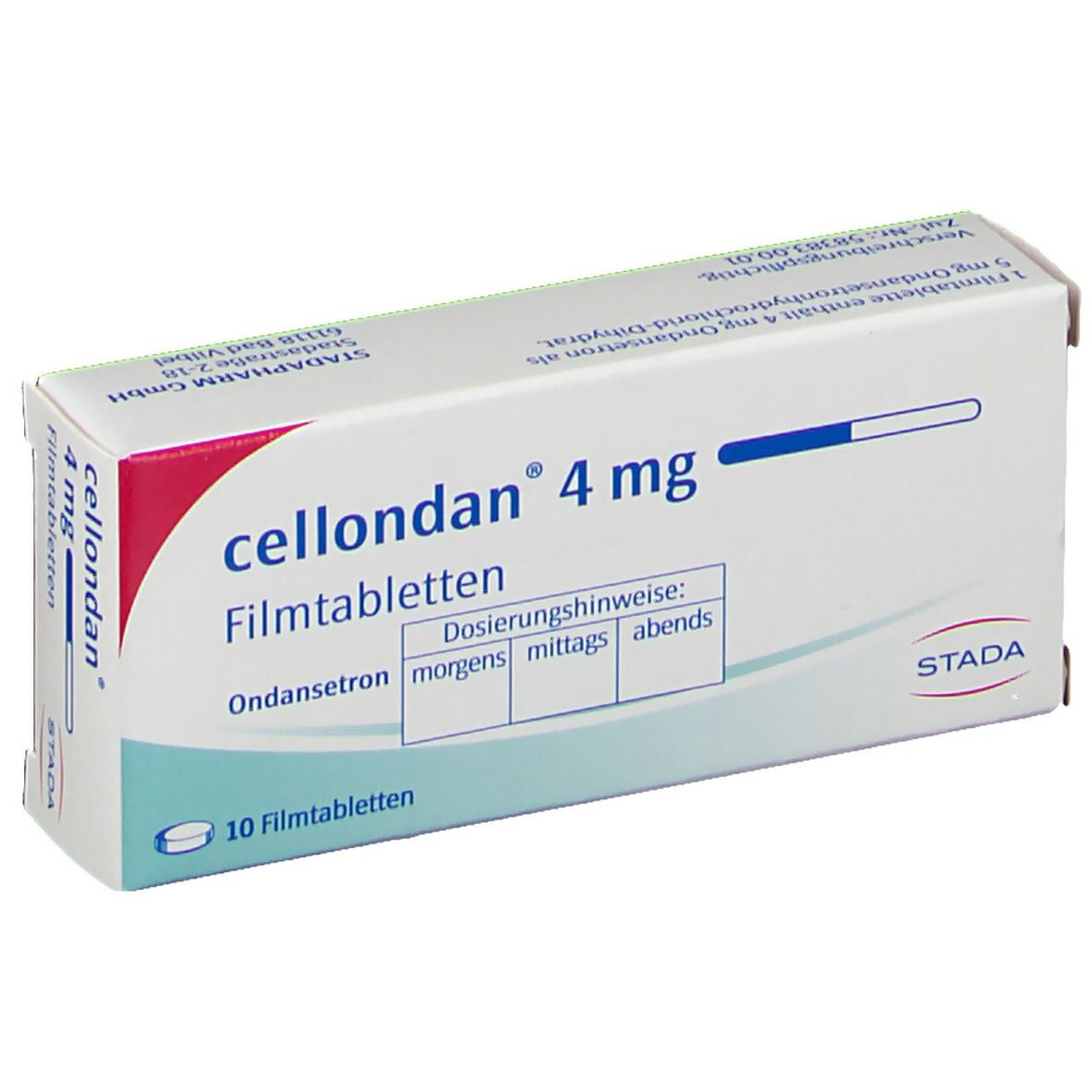Schachtel cellondan® 4 mg Filmtabletten. Aufschrift: 10 Filmtabletten. STADA-Logo. Dosierungshinweise.