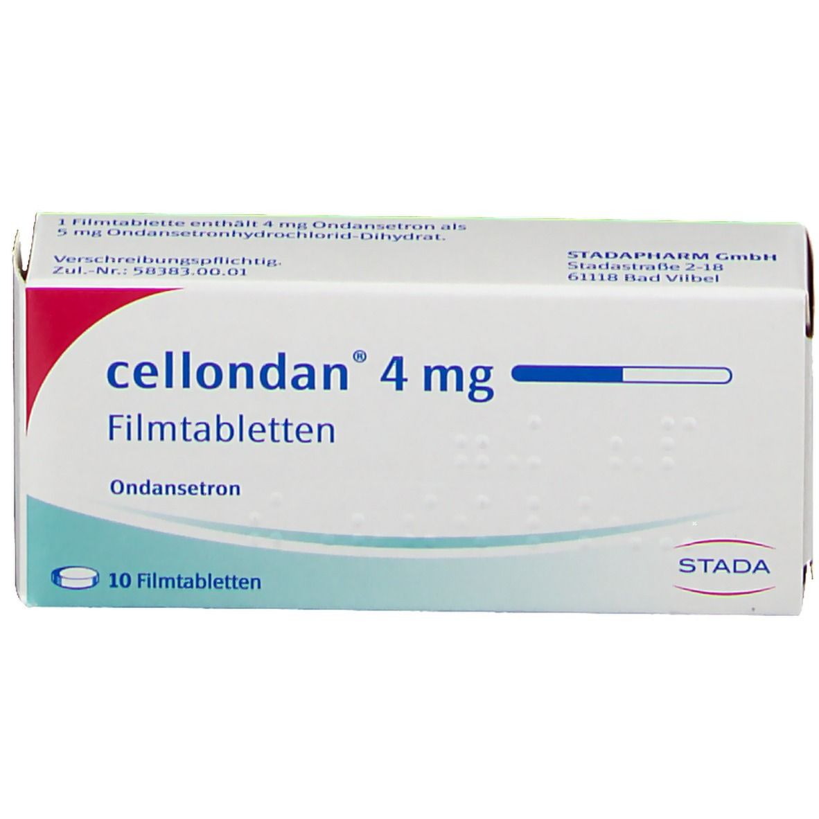 Schachtel cellondan® 4 mg Filmtabletten. Aufschrift: 10 Filmtabletten. STADA-Logo.