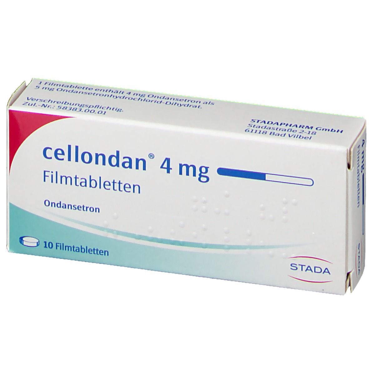 Schachtel cellondan® 4 mg Filmtabletten. Aufschrift: 10 Filmtabletten. STADA-Logo.