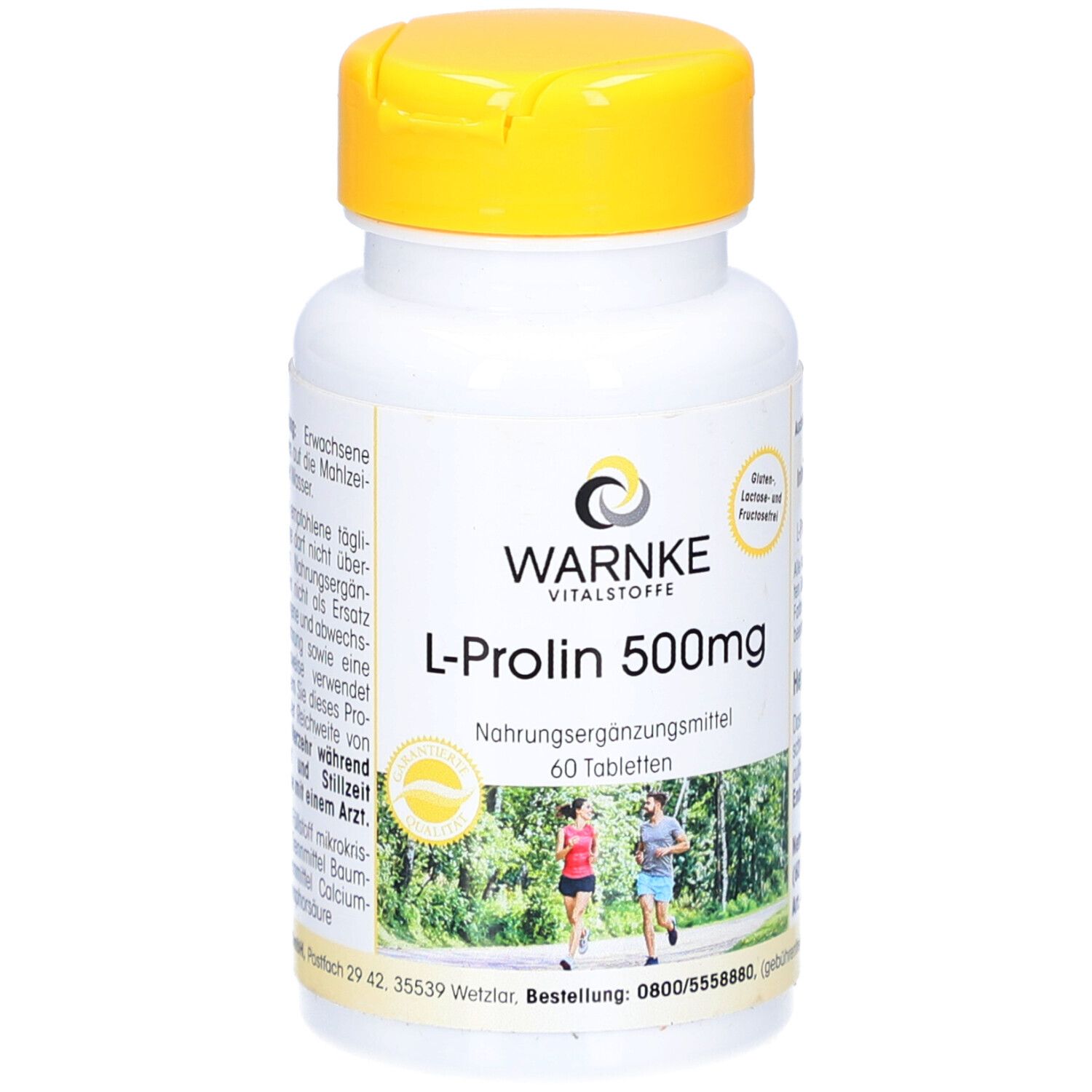 Weiße Flasche mit gelbem Deckel. Aufschrift: WARNKE Vitalstoffe L-Prolin 500mg. 60 Tabletten. Abbildung von Läufern.