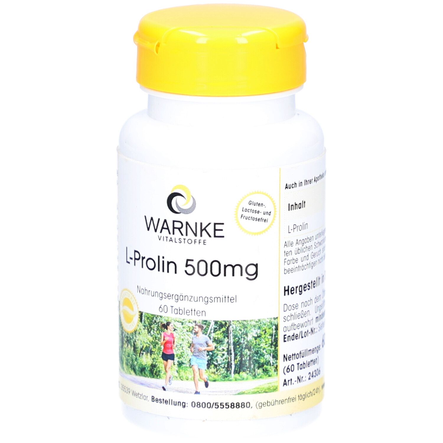 Weiße Flasche mit gelbem Deckel. Aufschrift: WARNKE Vitalstoffe L-Prolin 500mg. 60 Tabletten. Abbildung von Läufern. Gluten- und Laktosefrei.