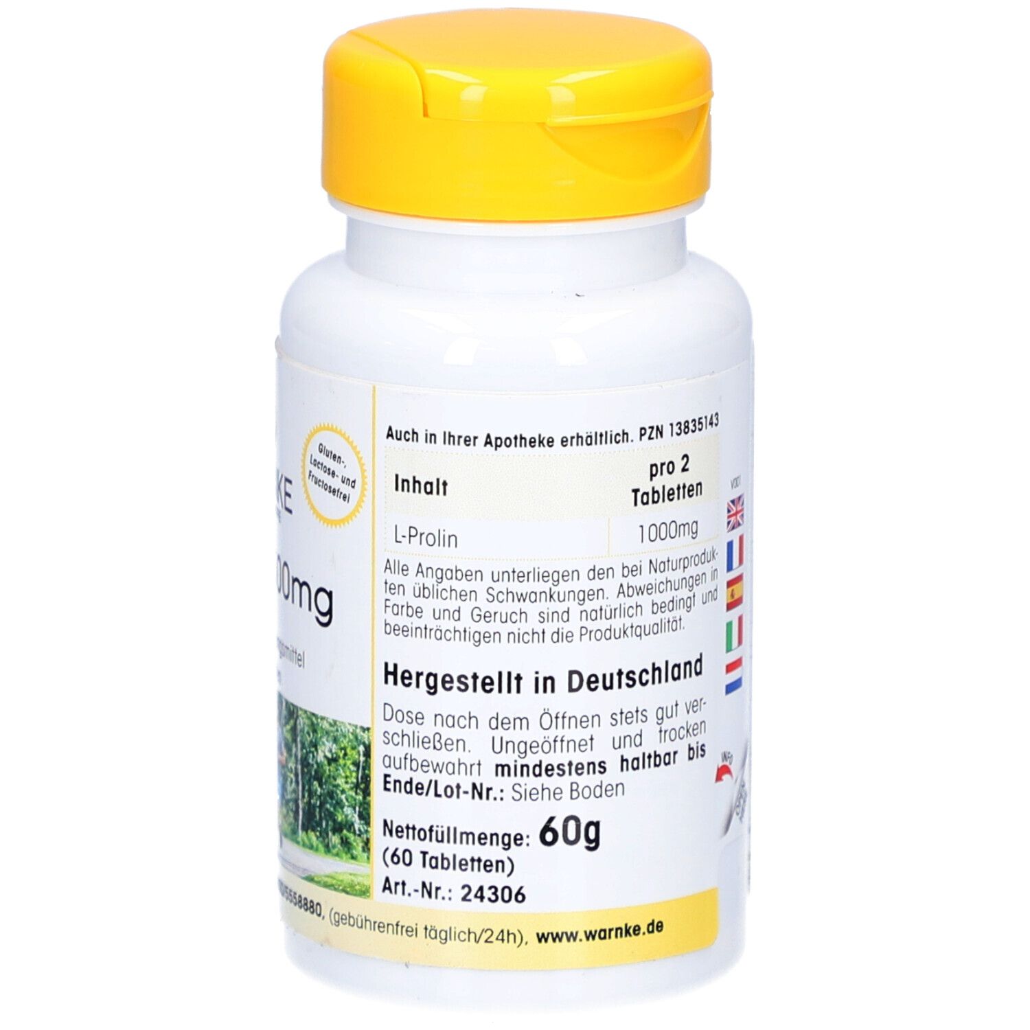 Rückseite der weißen Flasche mit gelbem Deckel. Text, Inhaltsangabe, hergestellt in Deutschland. Nettogewicht 60g.