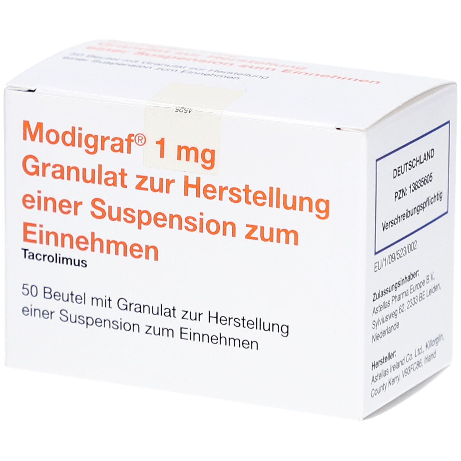 Weiße Faltschachtel mit orangefarbener Schrift. Aufschrift: Modigraf 1 mg Granulat zur Herstellung einer Suspension zum Einnehmen. 50 Beutel.