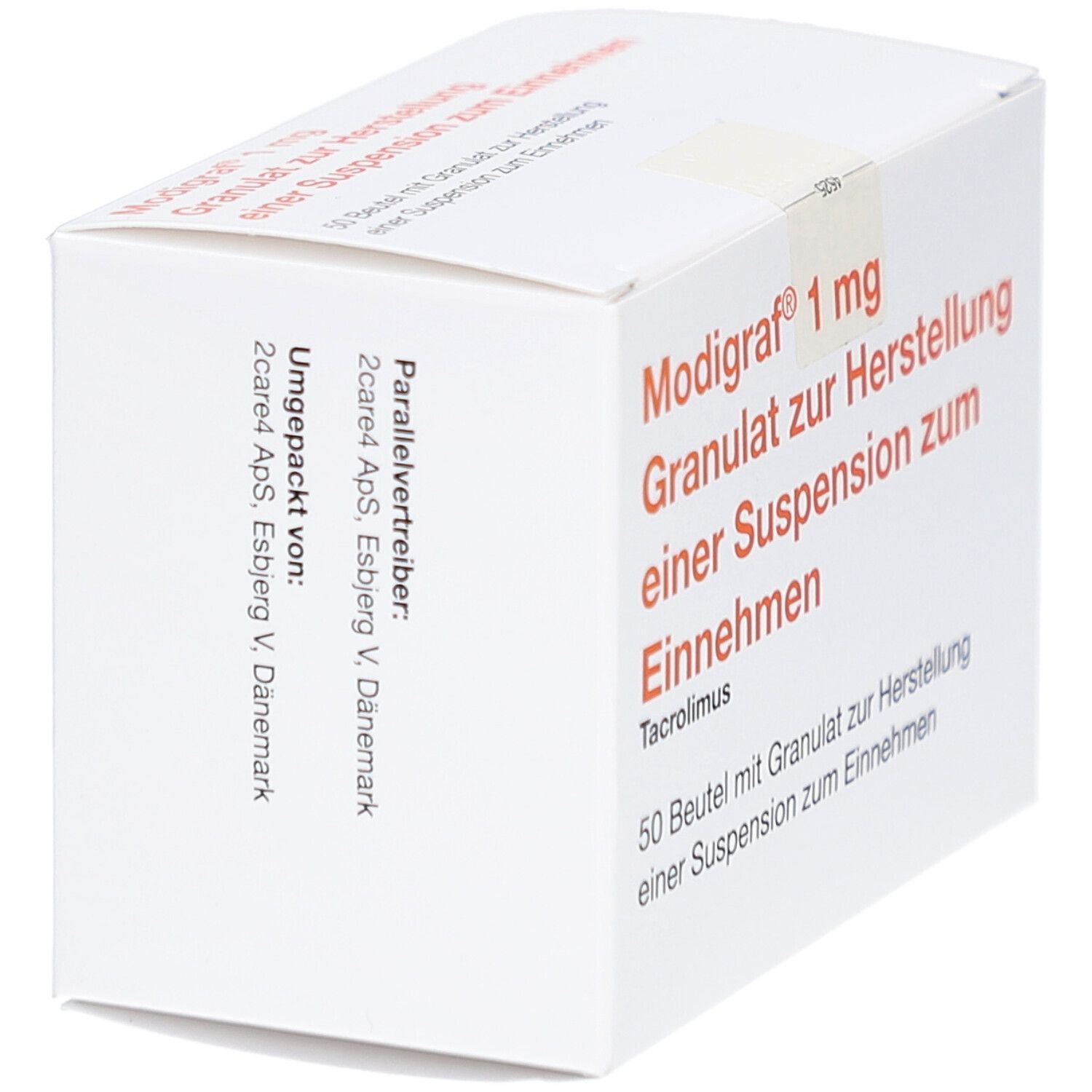 Weiße Faltschachtel, schräg von oben. Aufschrift: Modigraf 1 mg Granulat zur Herstellung einer Suspension zum Einnehmen. 50 Beutel.