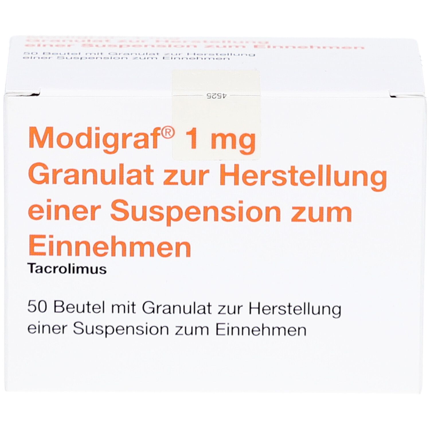 Weiße Faltschachtel mit orangefarbener Schrift. Aufschrift: Modigraf 1 mg Granulat zur Herstellung einer Suspension zum Einnehmen. 50 Beutel.