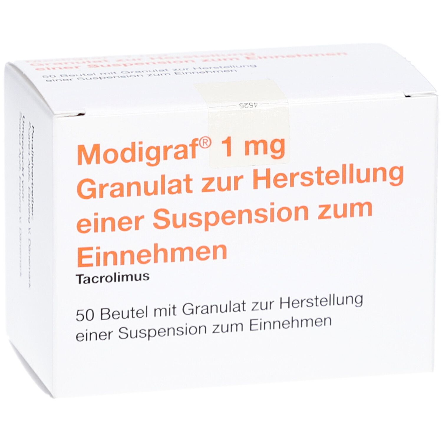 Weiße Faltschachtel mit orangefarbener Schrift. Aufschrift: Modigraf 1 mg Granulat zur Herstellung einer Suspension zum Einnehmen. 50 Beutel.