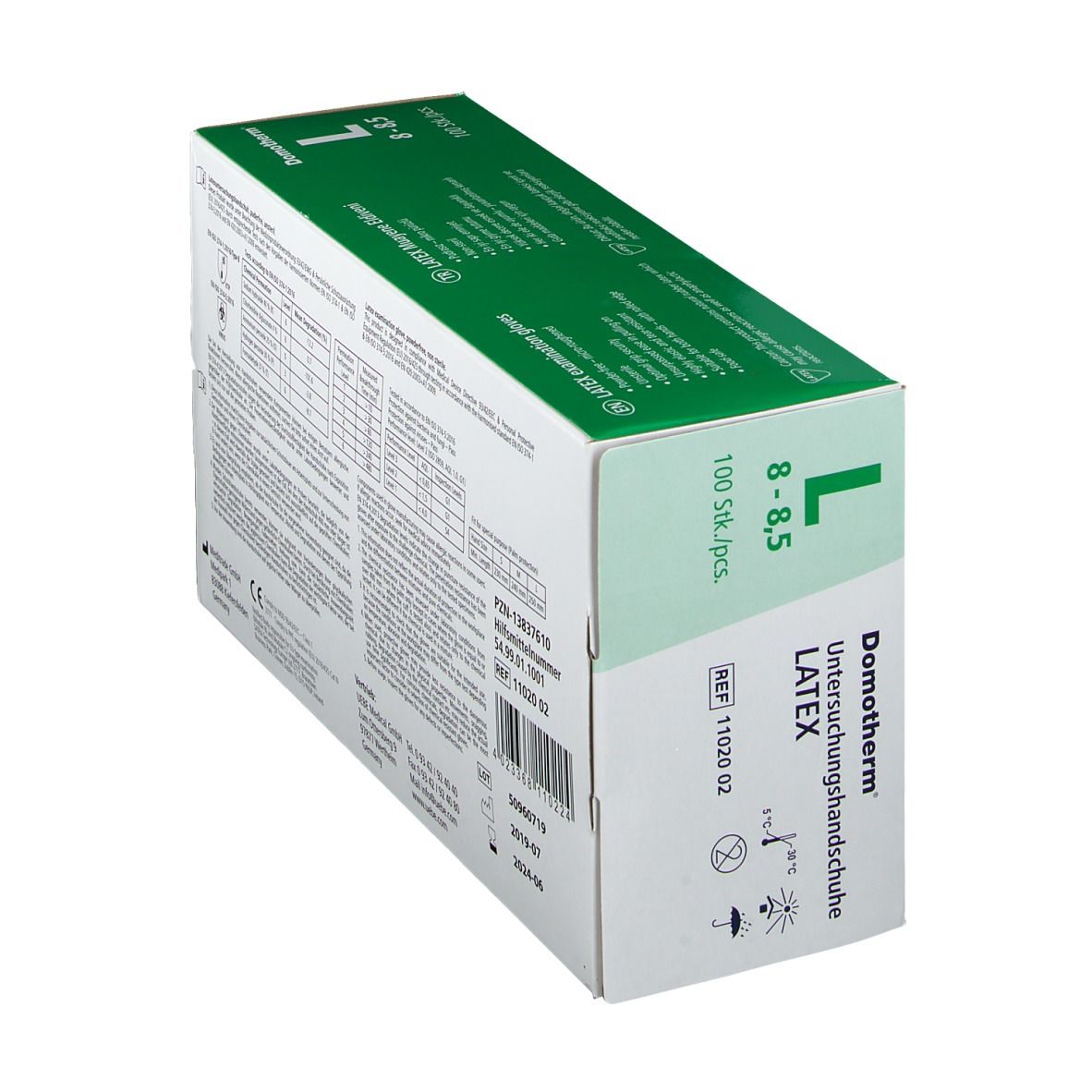 Schachtel mit Domotherm Latex Untersuchungshandschuhen, Größe L 8-8,5. Grüne und weiße Verpackung.