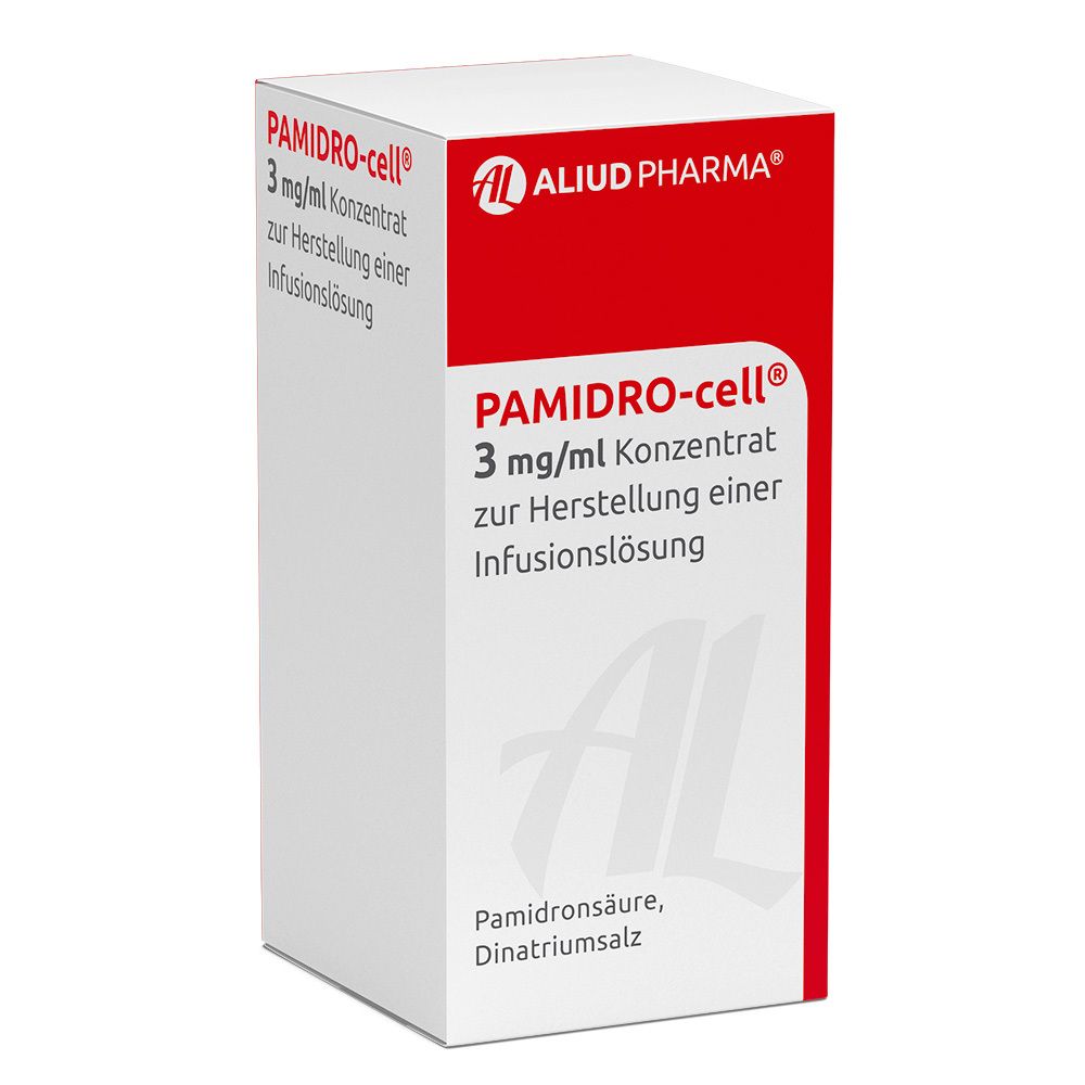 Pamidro-cell 3 mg/ml Konzentrat. Weiße Schachtel mit rotem Streifen. Text: ALUD PHARMA, Pamidronsäure, Dinatriumsalz.