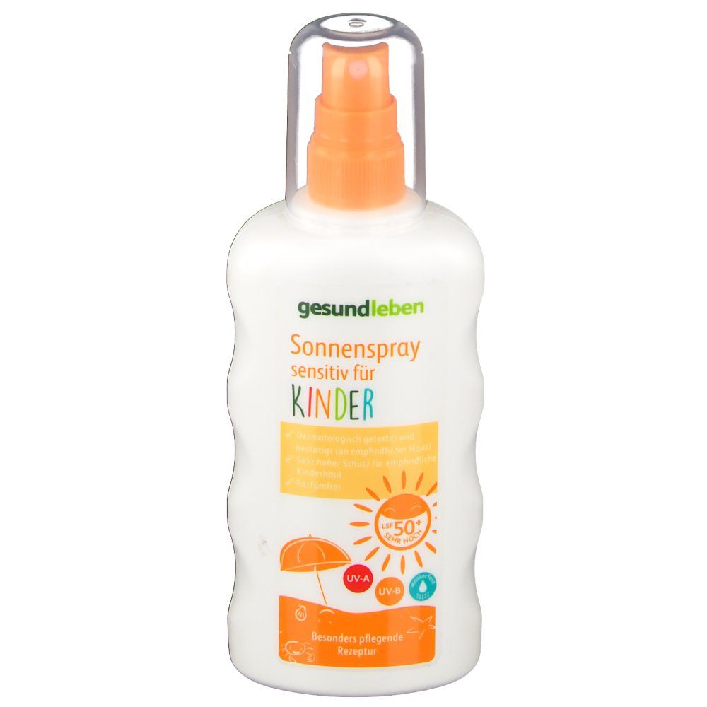 Weißes Sonnenspray mit orangefarbenem Sprühkopf und transparentem Deckel. Aufschrift: gesund leben Sonnenspray sensitiv für Kinder. Mit UV-Schutz.