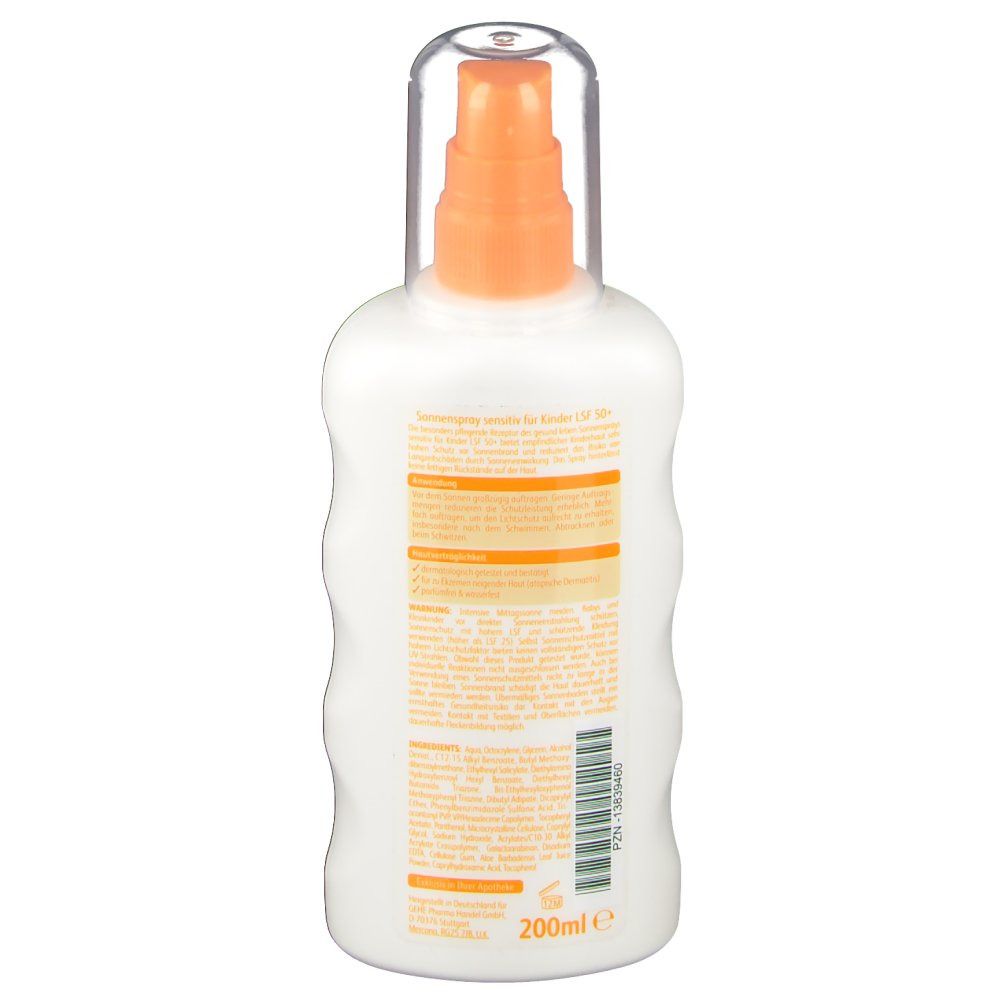 Rückseite des weißen Sonnensprays. Text in deutscher Sprache. Unten steht 200ml. Orangefarbener Aufkleber mit Produktinformationen.