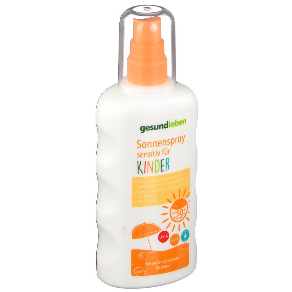 Weißes Sonnenspray mit orangefarbenem Sprühkopf und transparentem Deckel. Aufschrift: gesund leben Sonnenspray sensitiv für Kinder. Mit UV-Schutz.
