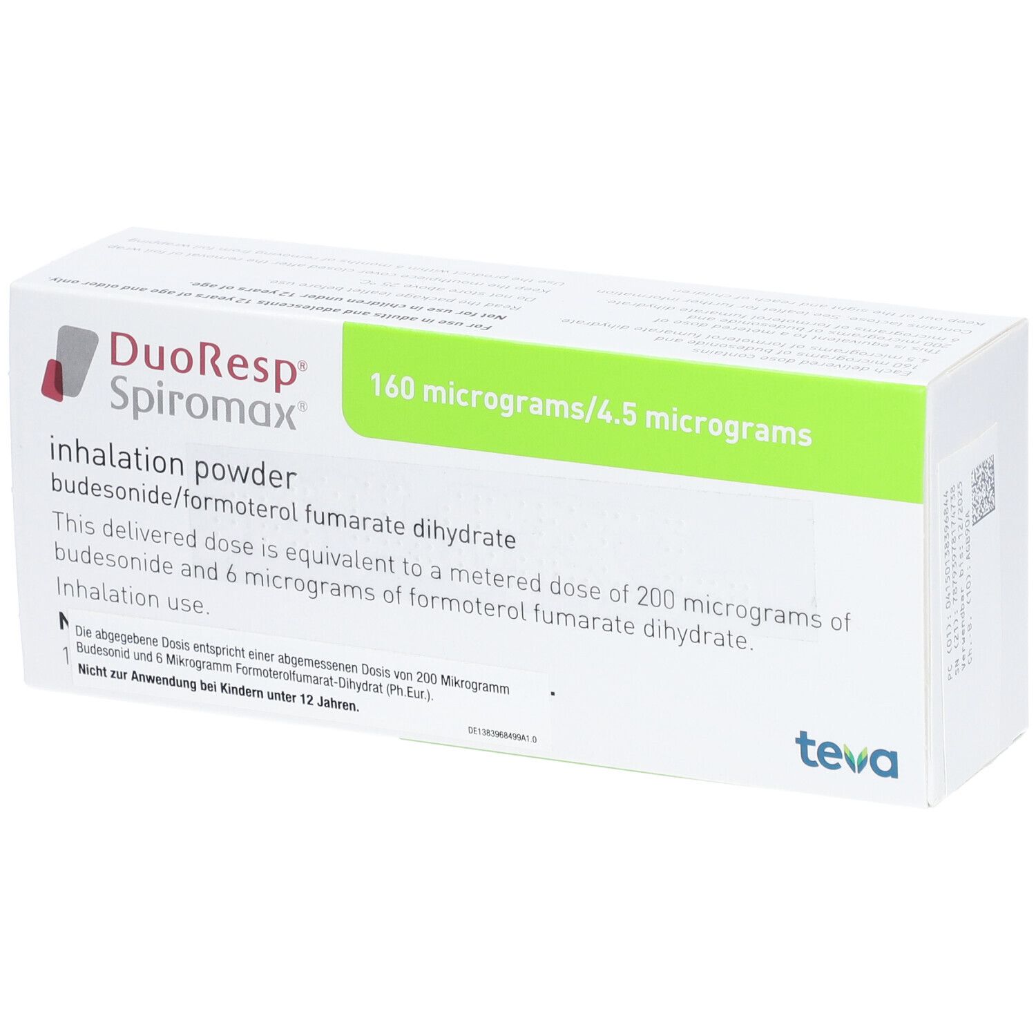 Weiße Schachtel mit grünem Streifen. Aufschrift: DuoResp Spiromax, 160 Mikrogramm/4,5 Mikrogramm. Inhalationspulver. Marke: Teva.