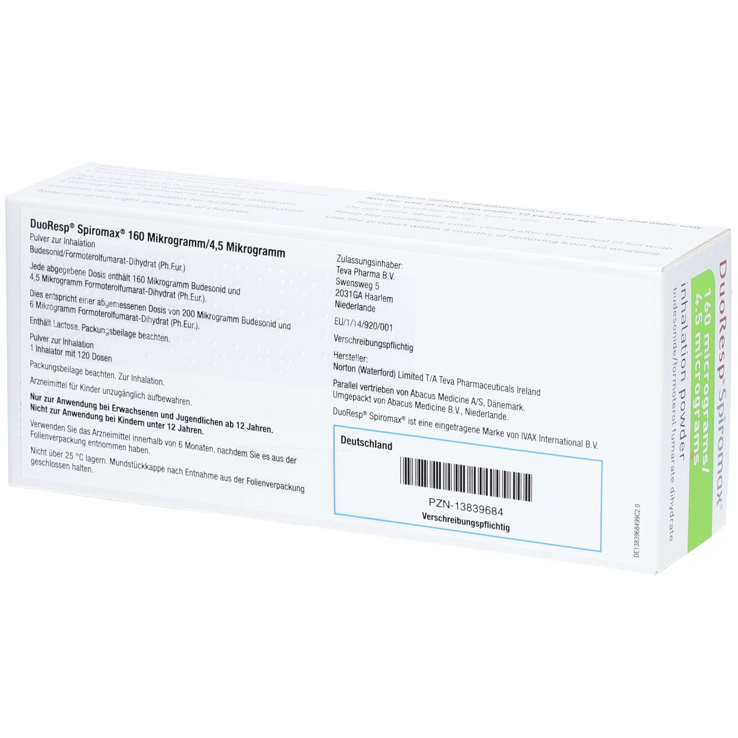 Rückseite der weißen Schachtel. Aufschrift: DuoResp Spiromax, 160 Mikrogramm/4,5 Mikrogramm. Inhalationspulver. Herstellerinformationen.