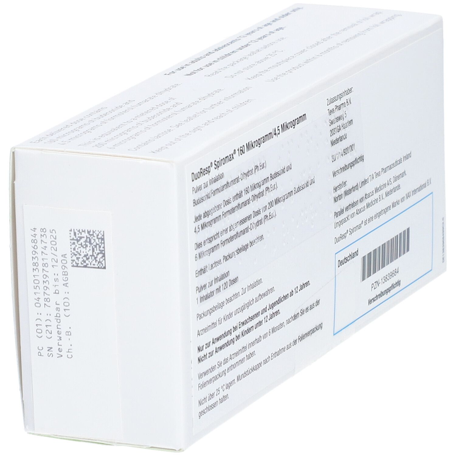 Rückseite der weißen Schachtel. Aufschrift: DuoResp Spiromax, 160 Mikrogramm/4,5 Mikrogramm. Inhalationspulver. Herstellerinformationen.