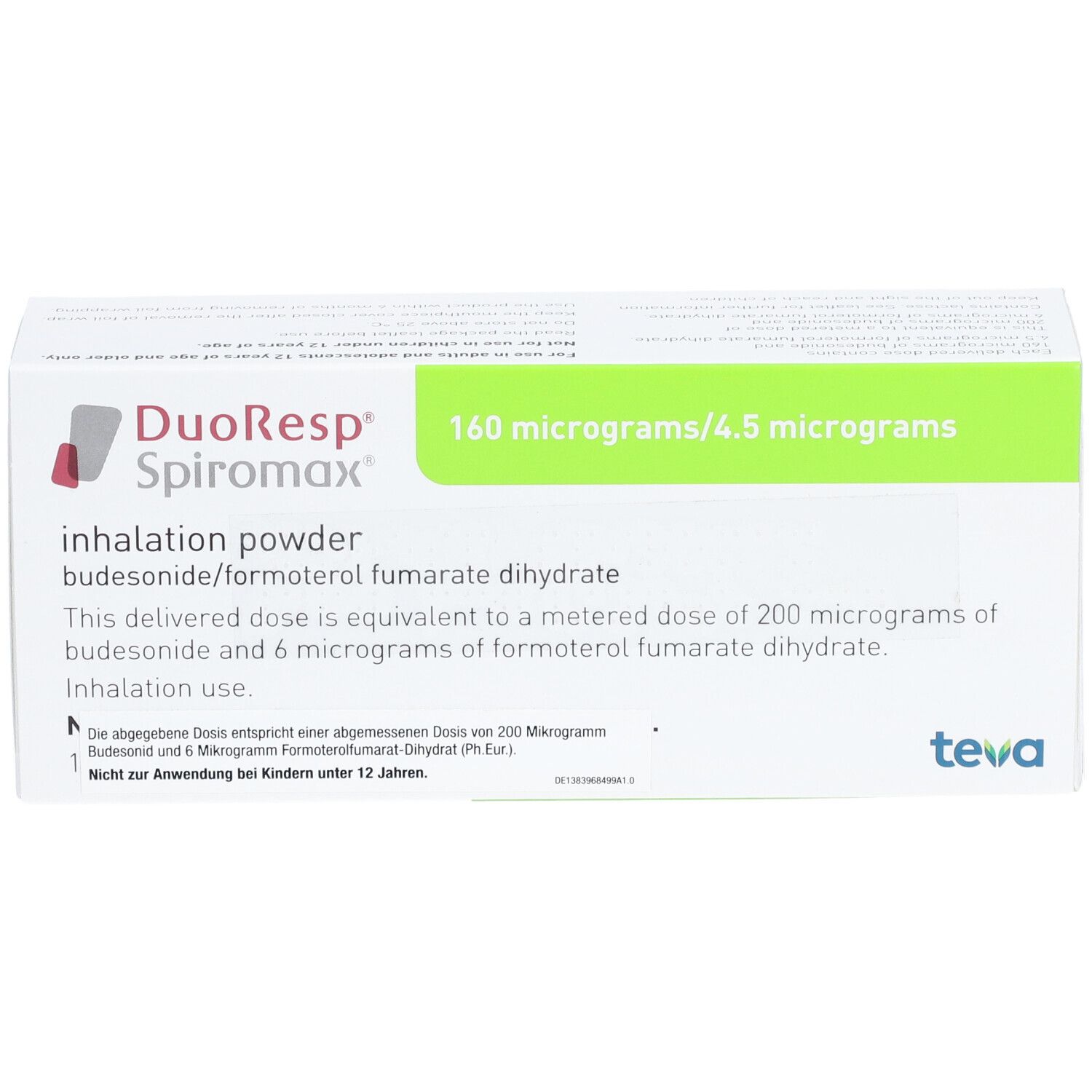 Weiße Schachtel mit grünem Streifen. Aufschrift: DuoResp Spiromax, 160 Mikrogramm/4,5 Mikrogramm. Inhalationspulver. Marke: Teva.