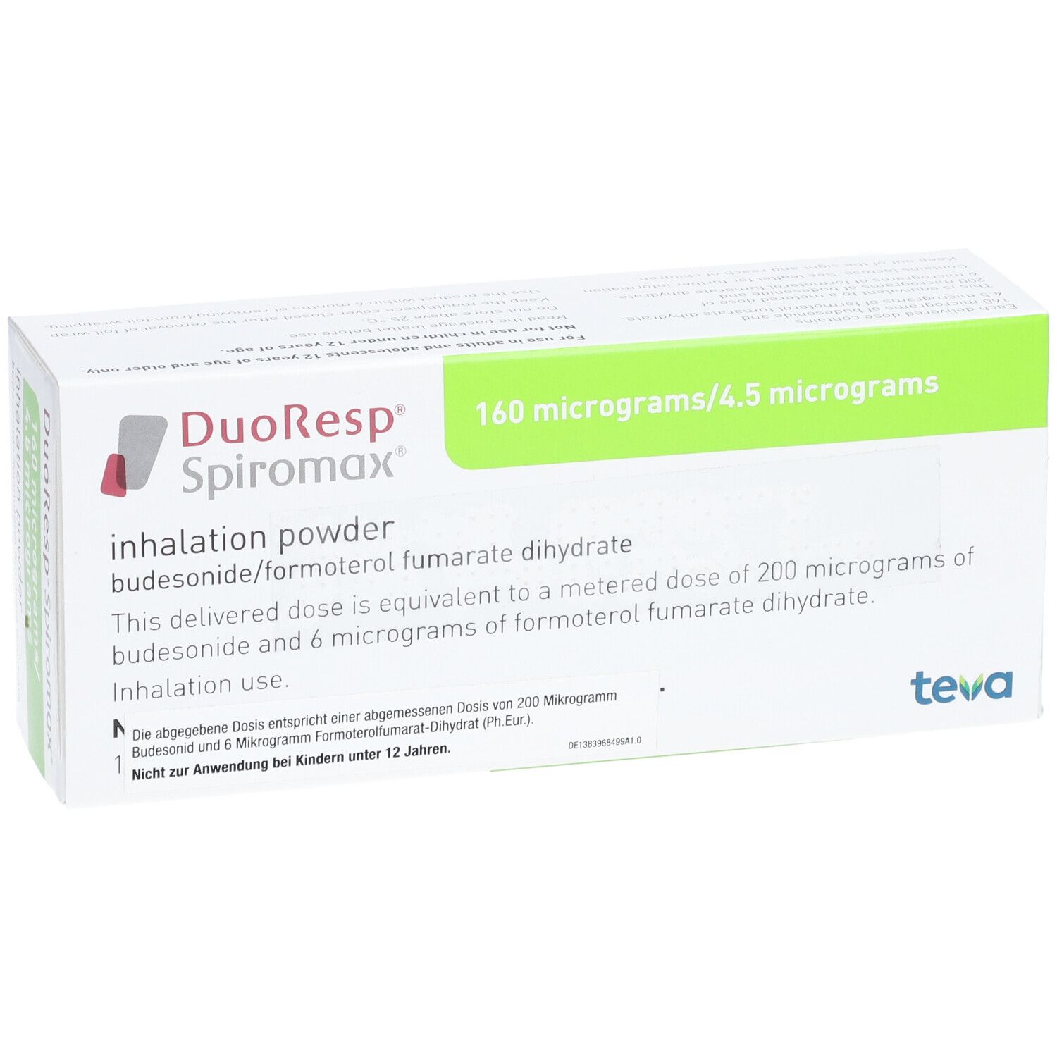 Weiße Schachtel mit grünem Streifen. Aufschrift: DuoResp Spiromax, 160 Mikrogramm/4,5 Mikrogramm. Inhalationspulver. Marke: Teva.